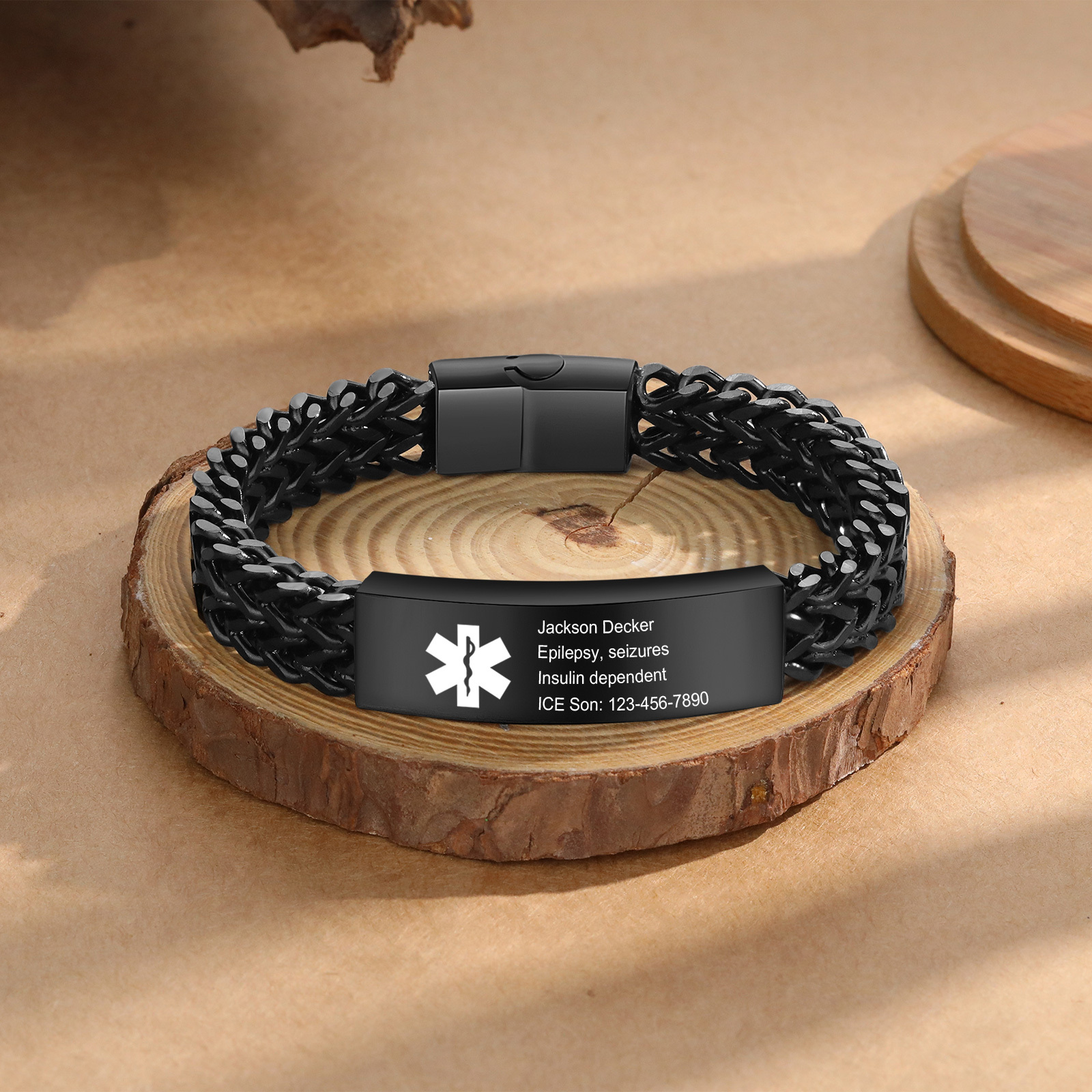 Herren Personalisierte 4 Texte Silber/ Schwarz/ Golden Edelstahl Notfall-Medizin-Armband mit einem doppelten Kette