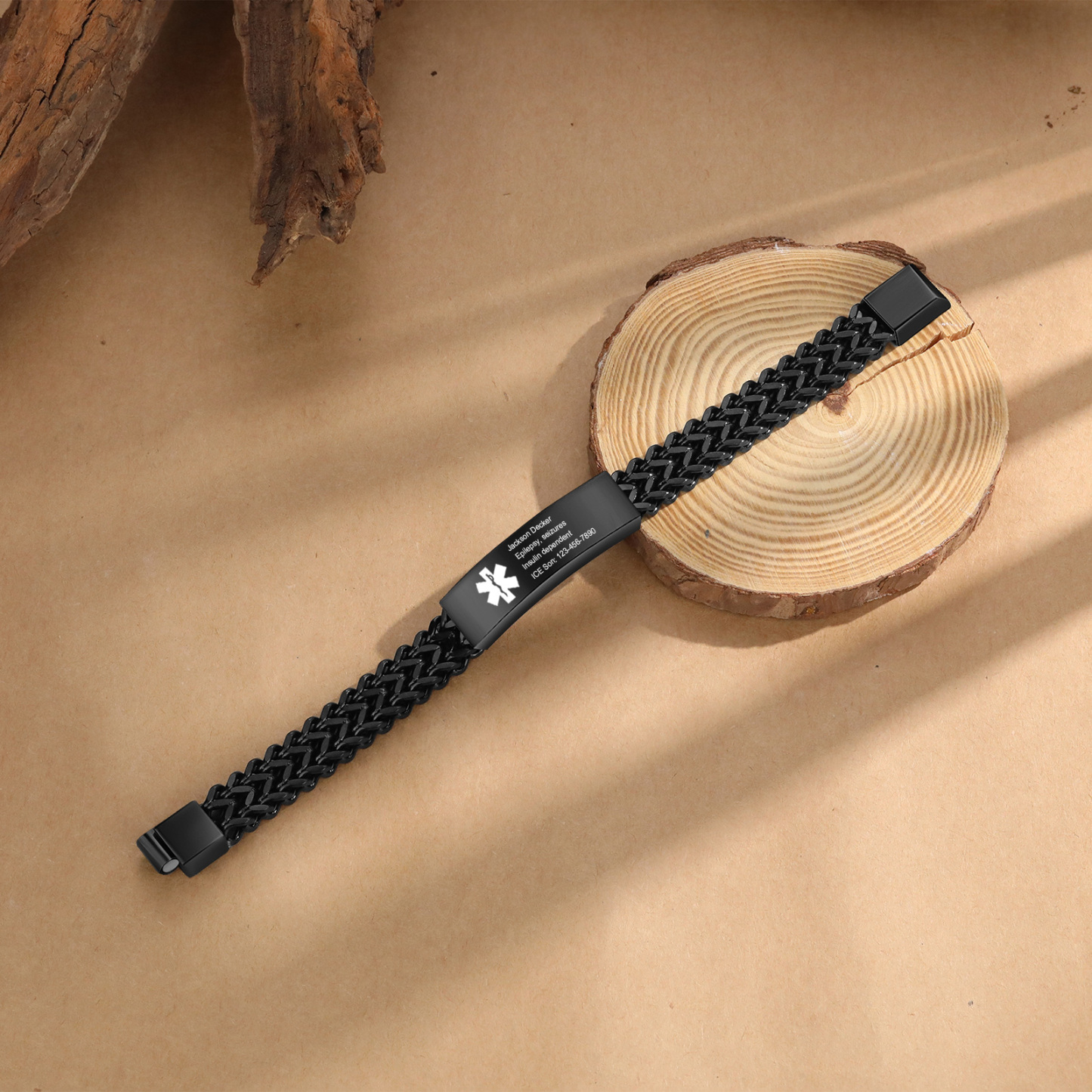 Herren Personalisierte 4 Texte Silber/ Schwarz/ Golden Edelstahl Notfall-Medizin-Armband mit einem doppelten Kette