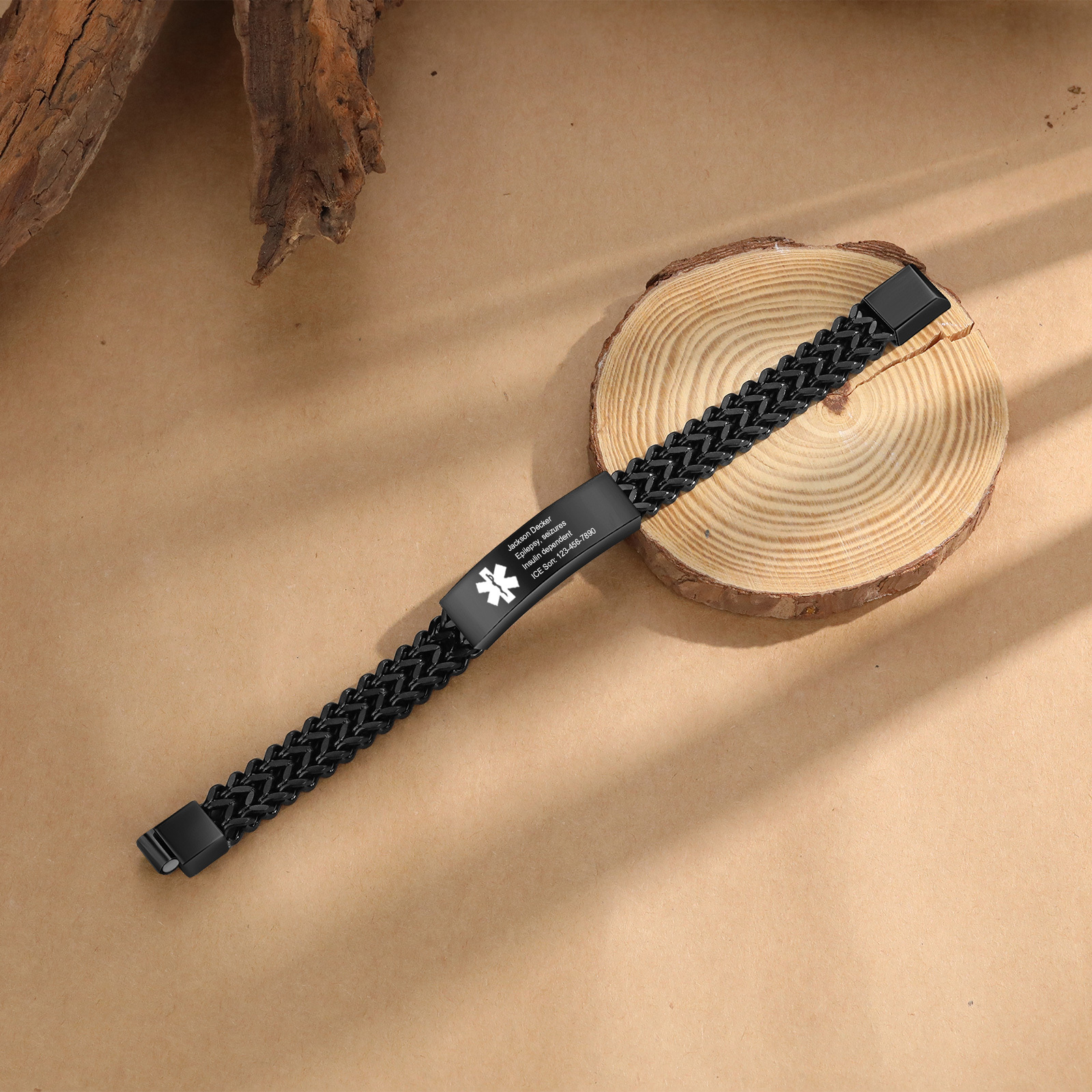 Herren Personalisierte 4 Texte Silber/ Schwarz/ Golden Edelstahl Notfall-Medizin-Armband mit einem doppelten Kette