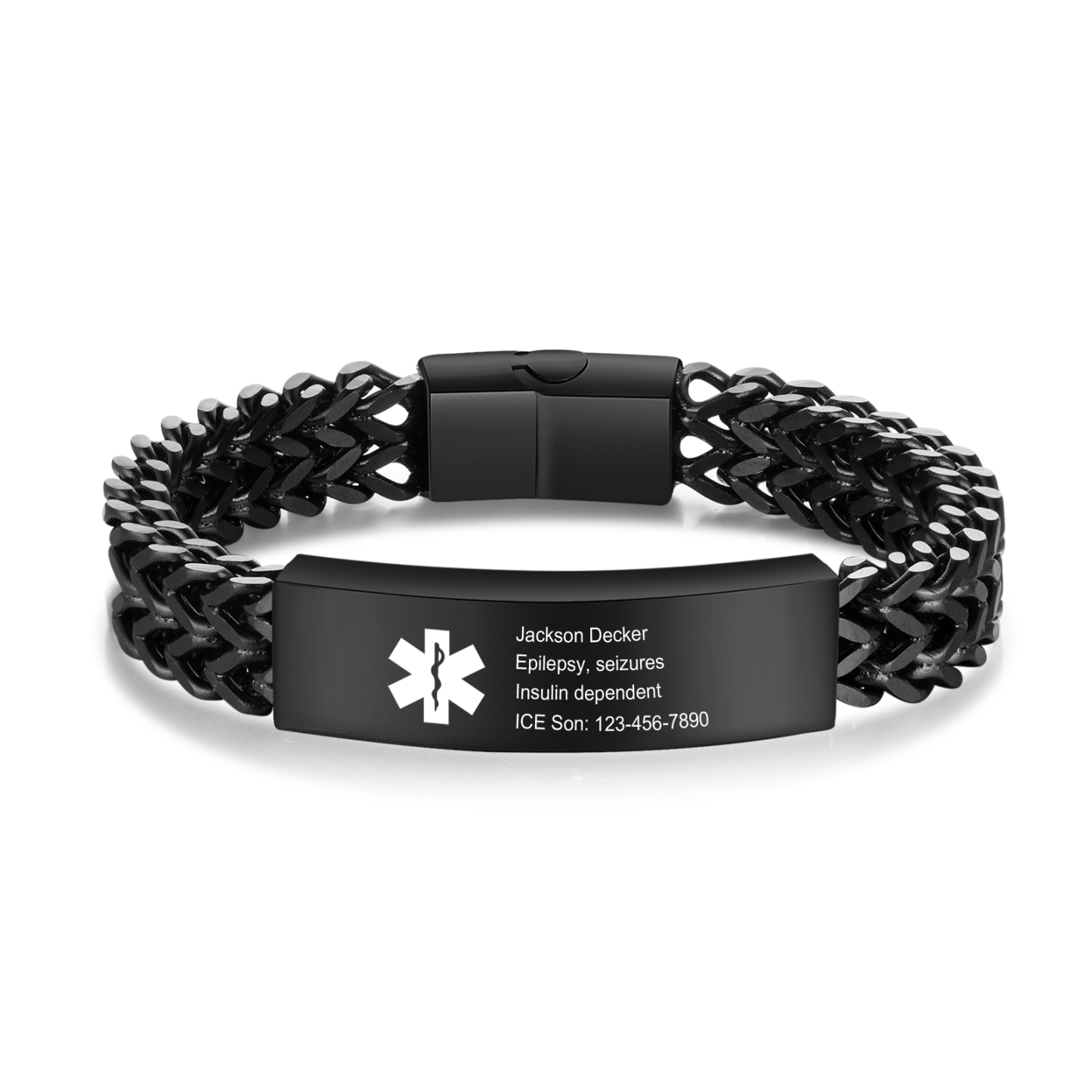 Herren Personalisierte 4 Texte Silber/ Schwarz/ Golden Edelstahl Notfall-Medizin-Armband mit einem doppelten Kette
