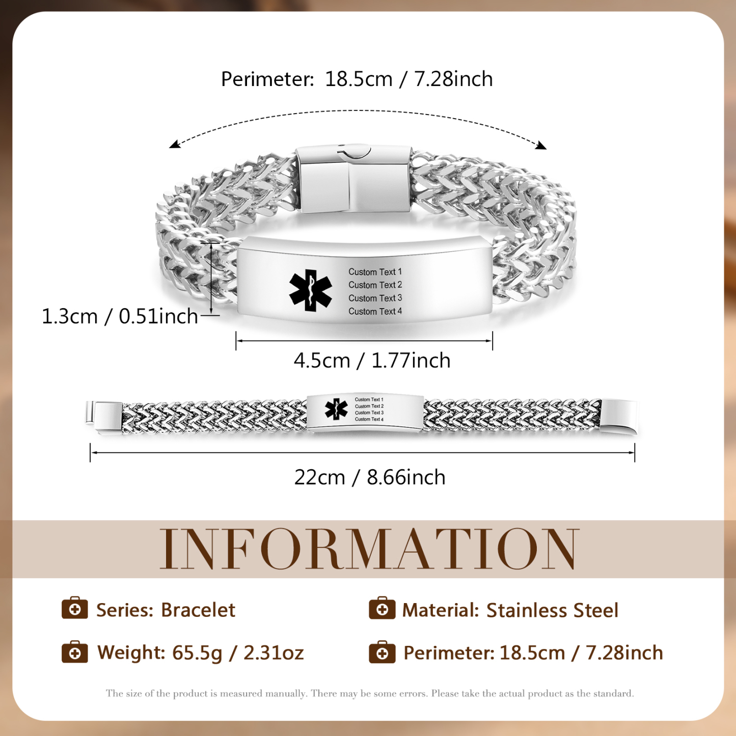 Herren Personalisierte 4 Texte Silber/ Schwarz/ Golden Edelstahl Notfall-Medizin-Armband mit einem doppelten Kette