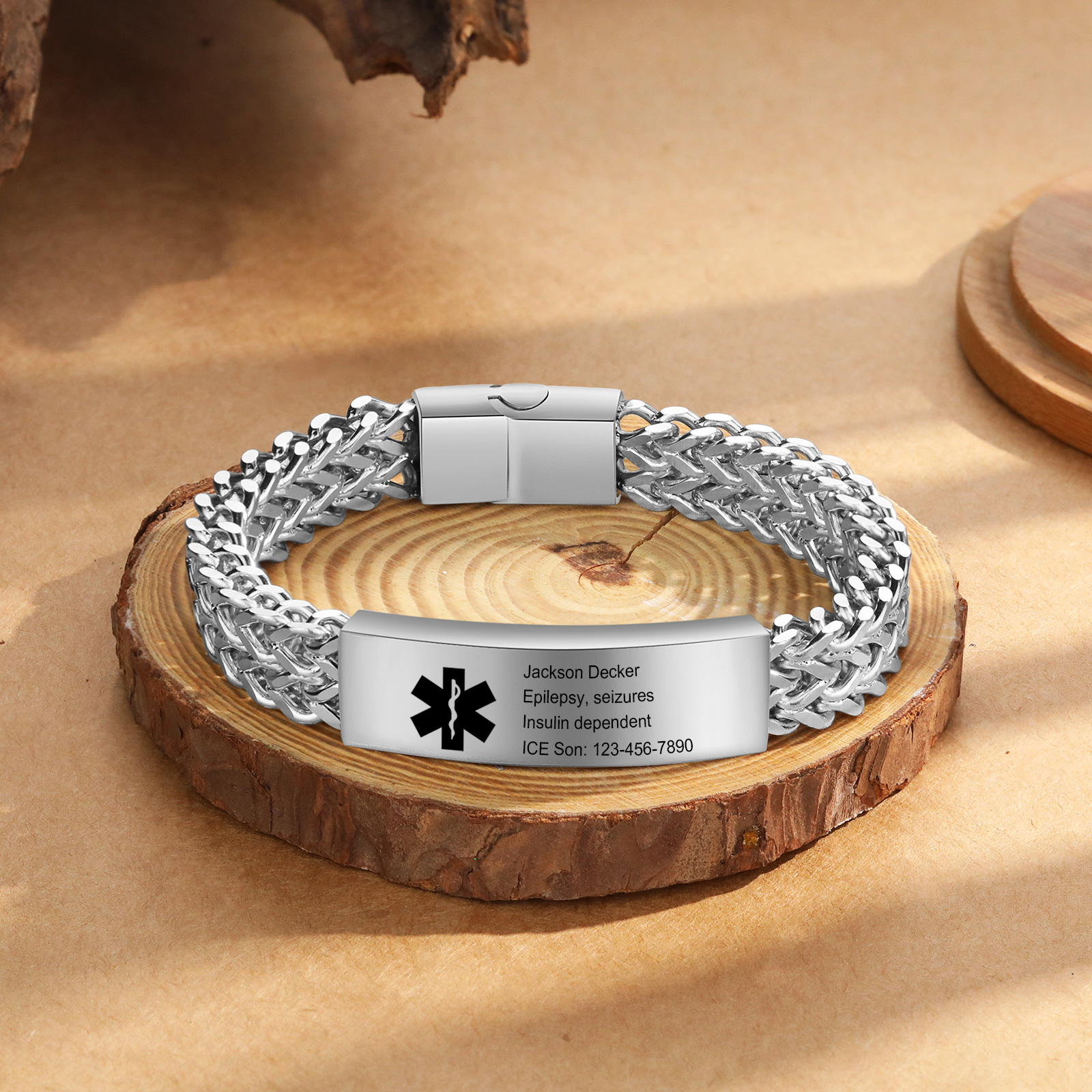 Herren Personalisierte 4 Texte Silber/ Schwarz/ Golden Edelstahl Notfall-Medizin-Armband mit einem doppelten Kette