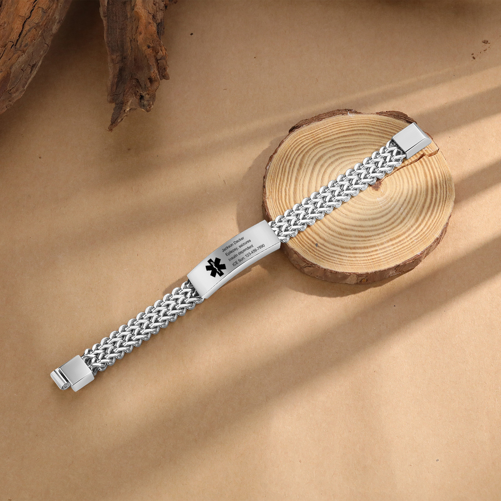 Herren Personalisierte 4 Texte Silber/ Schwarz/ Golden Edelstahl Notfall-Medizin-Armband mit einem doppelten Kette