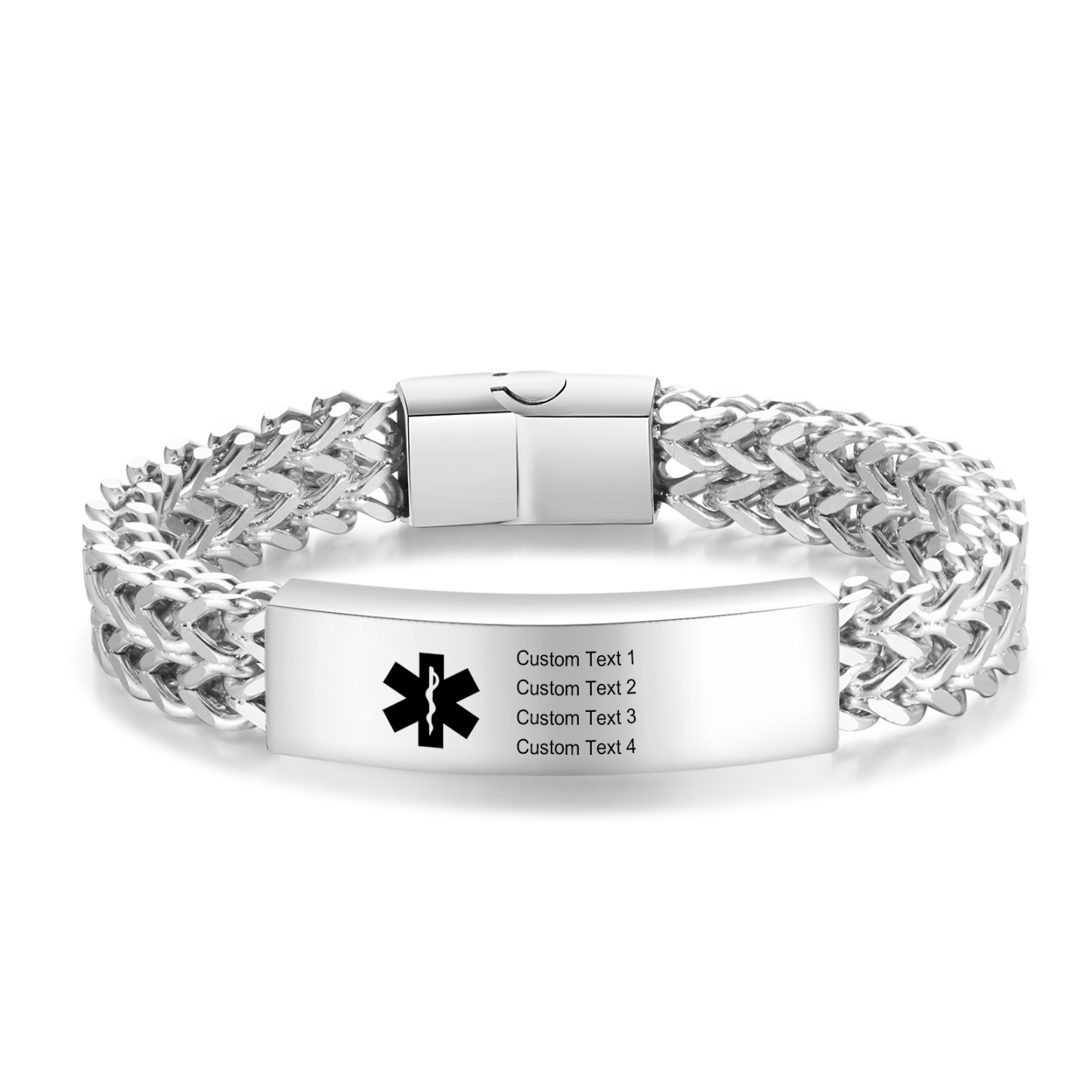 Herren Personalisierte 4 Texte Silber/ Schwarz/ Golden Edelstahl Notfall-Medizin-Armband mit einem doppelten Kette