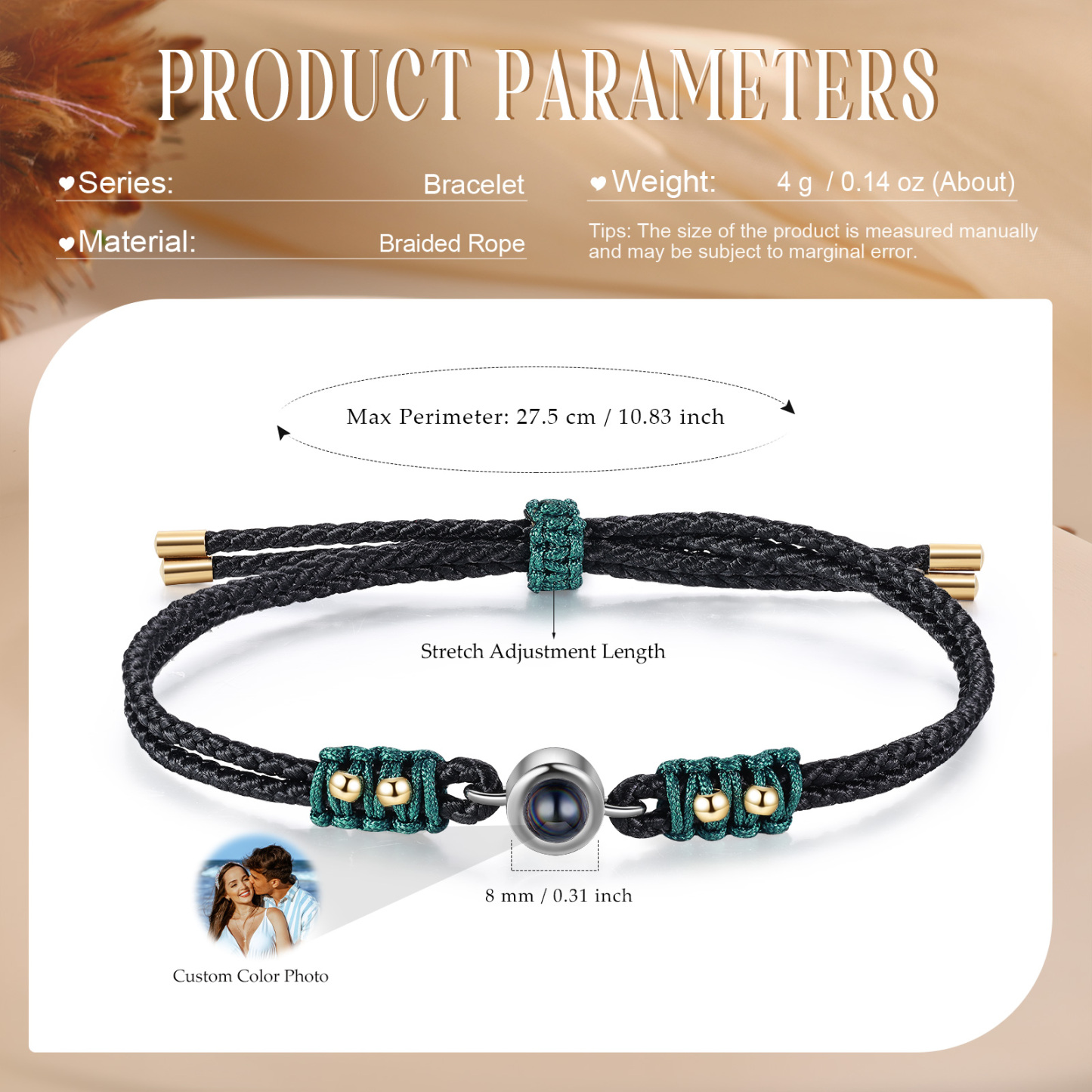 Personalisiertes Foto Projektion Armband mit goldenen Perlen & geflochtenem Band in Schwarz & Grün