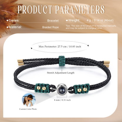 Personalisiertes Foto Projektion Armband mit goldenen Perlen & geflochtenem Band in Schwarz & Grün