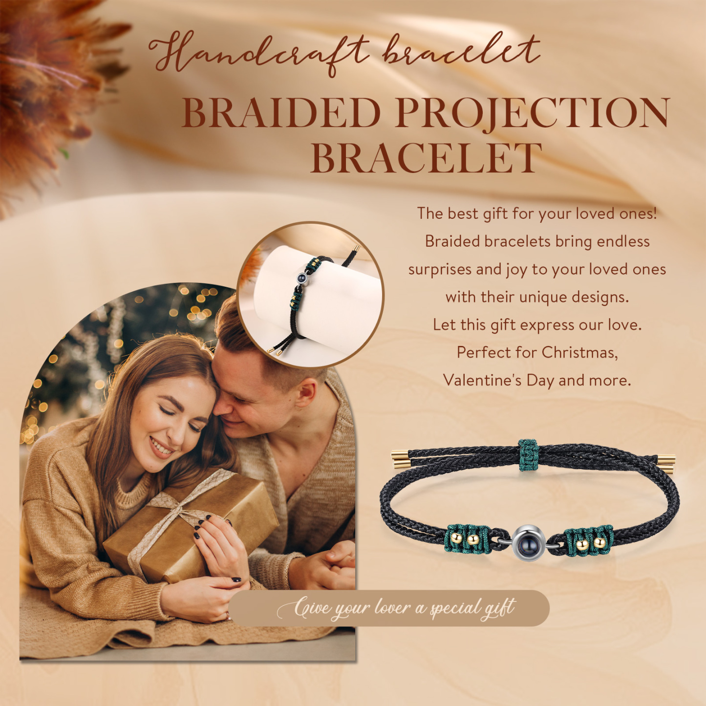 Personalisiertes Foto Projektion Armband mit goldenen Perlen & geflochtenem Band in Schwarz & Grün