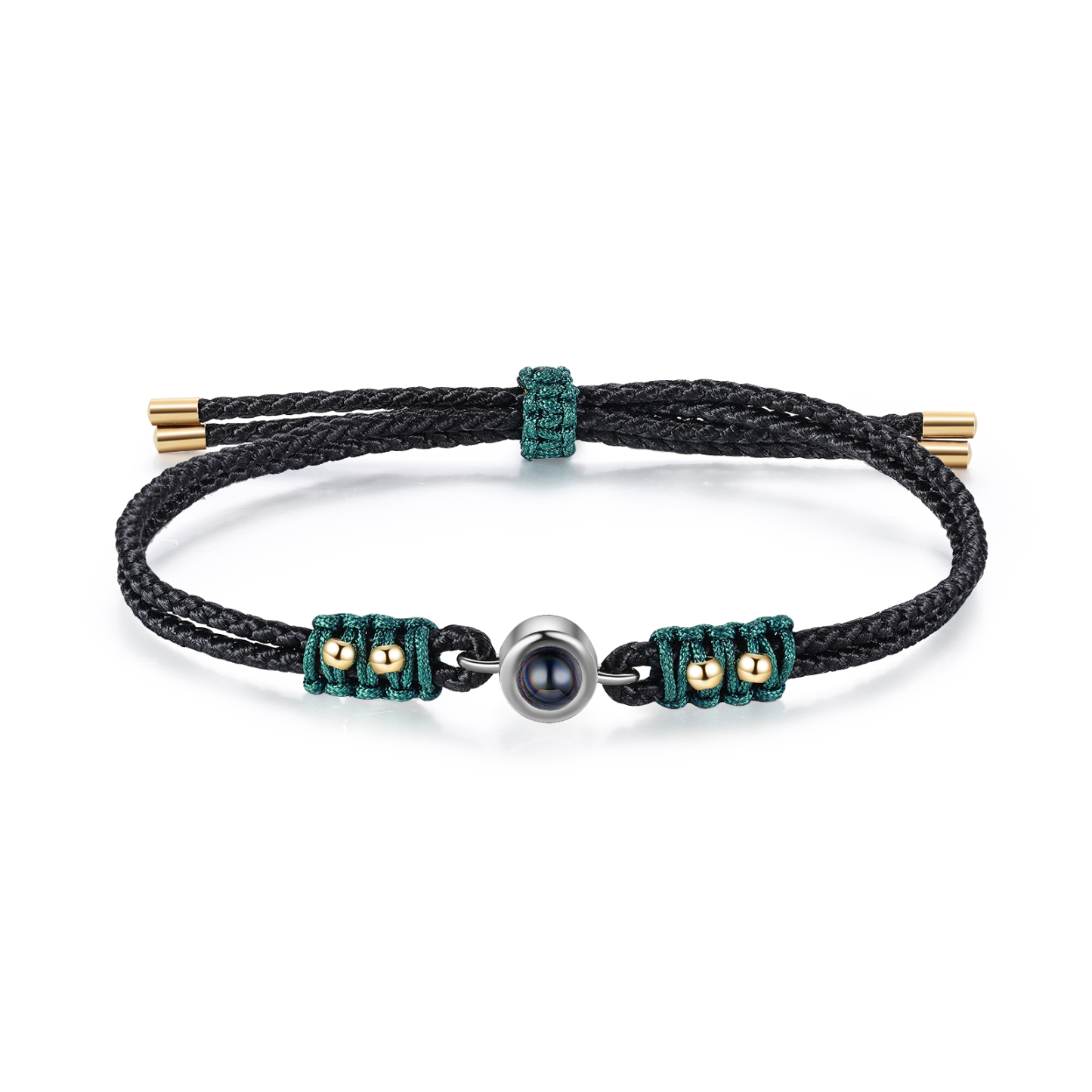 Personalisiertes Foto Projektion Armband mit goldenen Perlen & geflochtenem Band in Schwarz & Grün