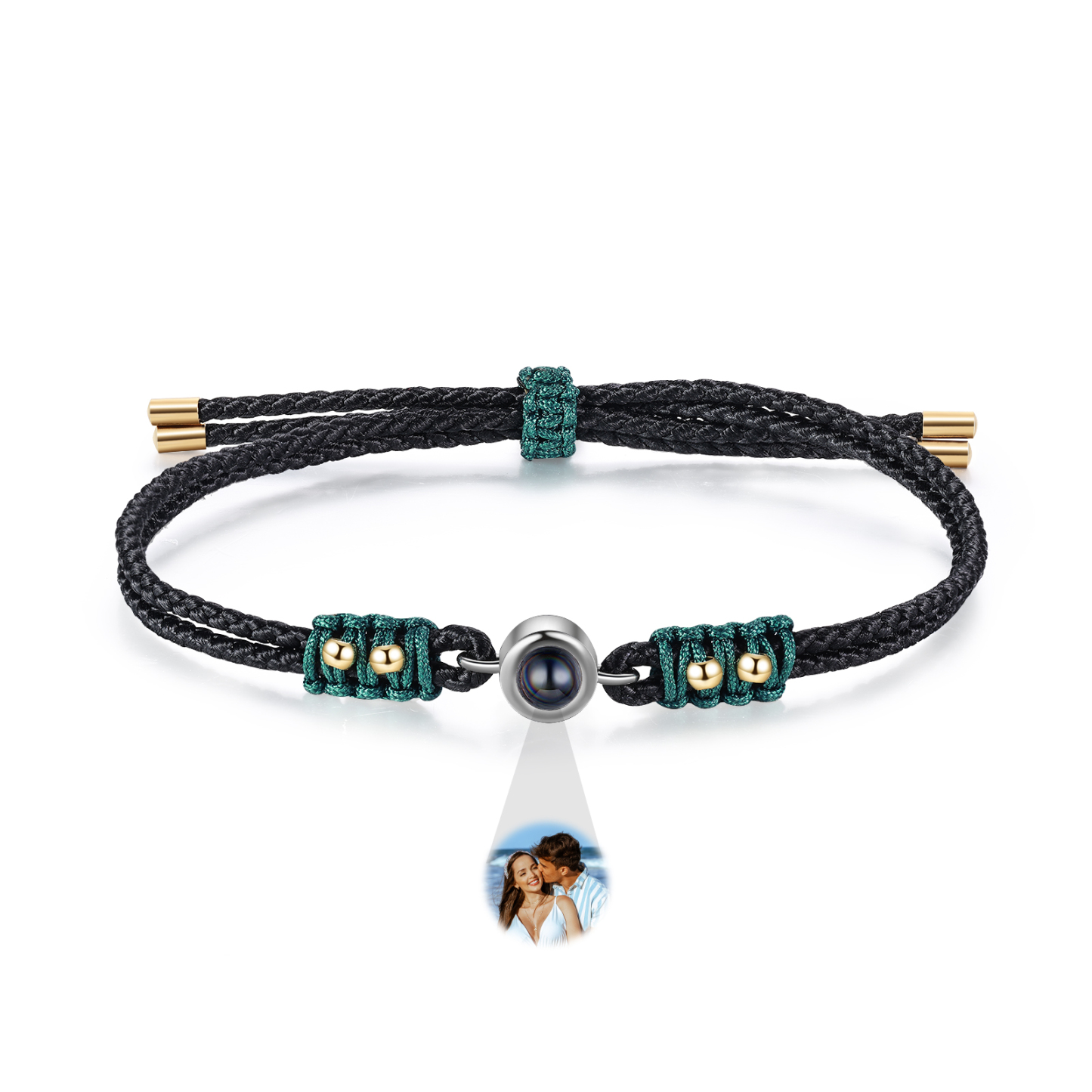 Personalisiertes Foto Projektion Armband mit goldenen Perlen & geflochtenem Band in Schwarz & Grün