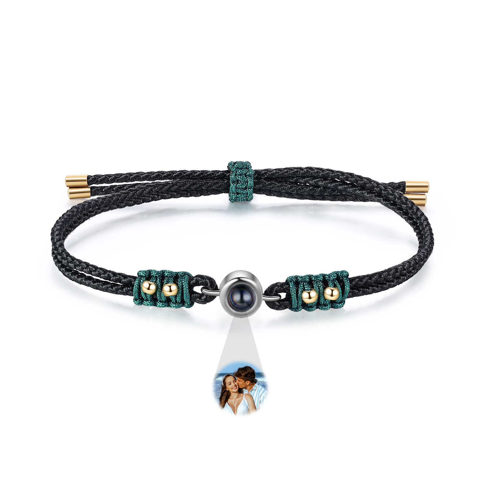 Personalisiertes Foto Projektion Armband mit goldenen Perlen & geflochtenem Band in Schwarz & Grün