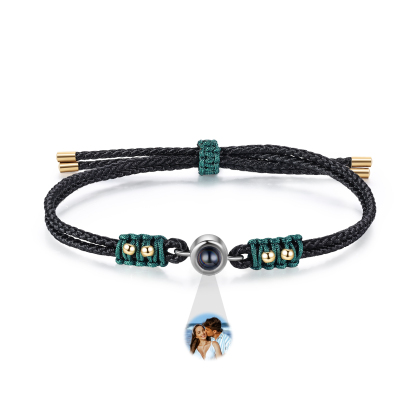 Personalisiertes Foto Projektion Armband mit goldenen Perlen & geflochtenem Band in Schwarz & Grün