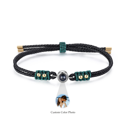 Personalisiertes Foto Projektion Armband mit goldenen Perlen & geflochtenem Band in Schwarz & Grün