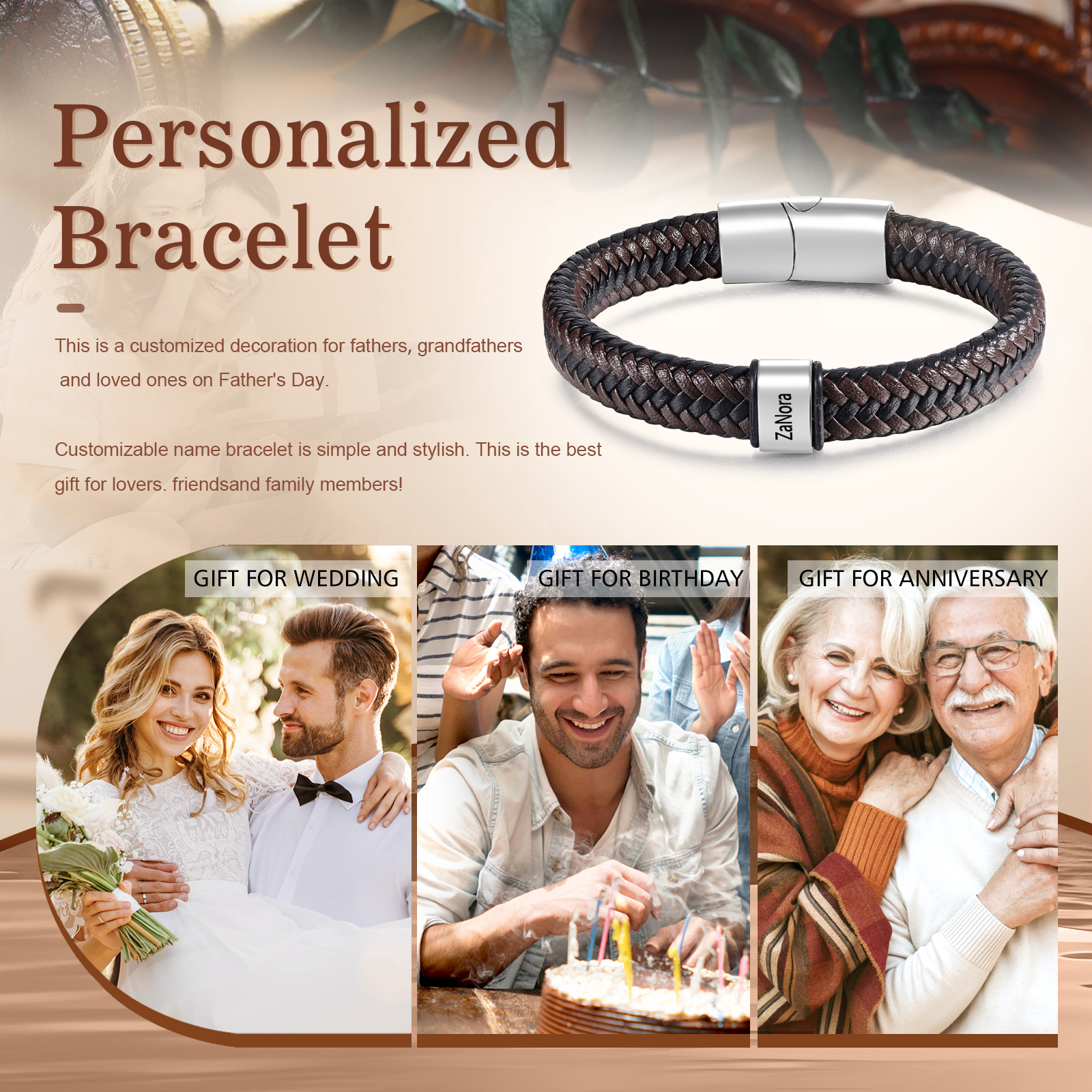 Herren Personalisierte 1-5 Namen Schwarz & Braun Geflochtenes Leder Armband