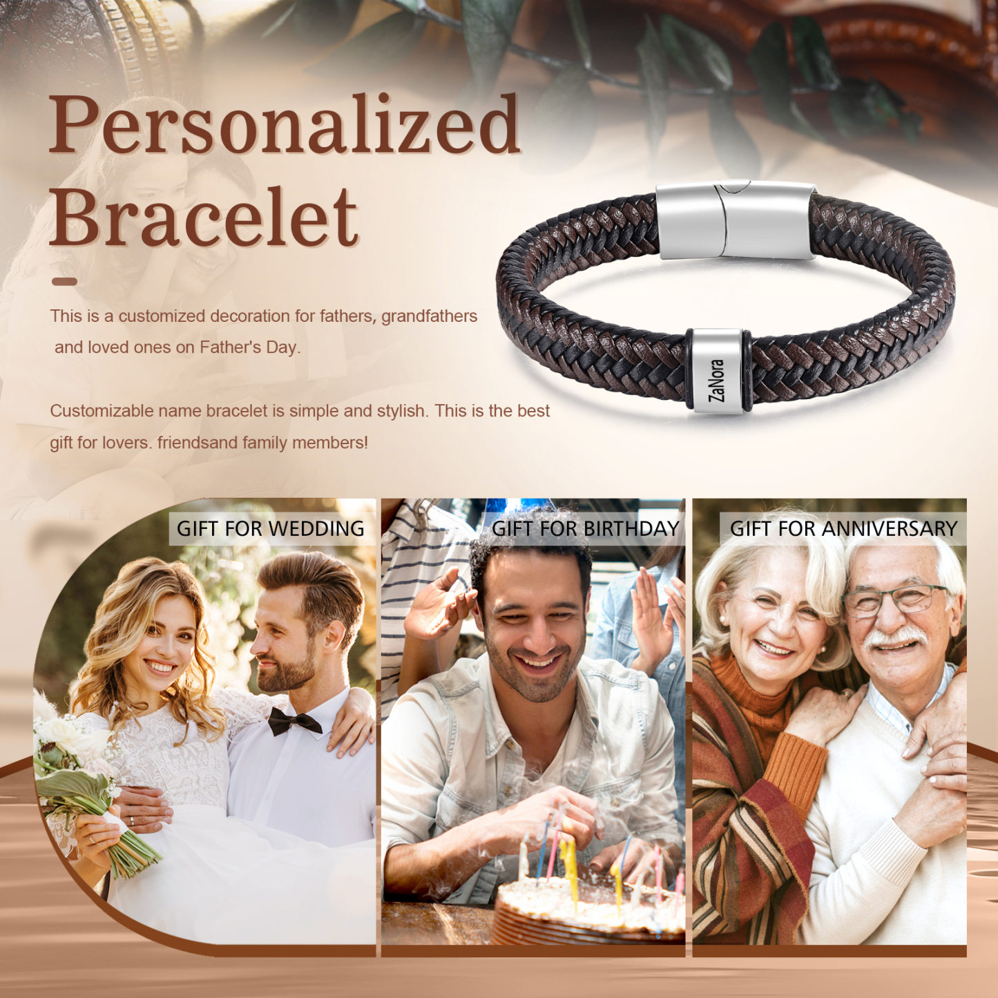 Herren Personalisierte 1-5 Namen Schwarz & Braun Geflochtenes Leder Armband