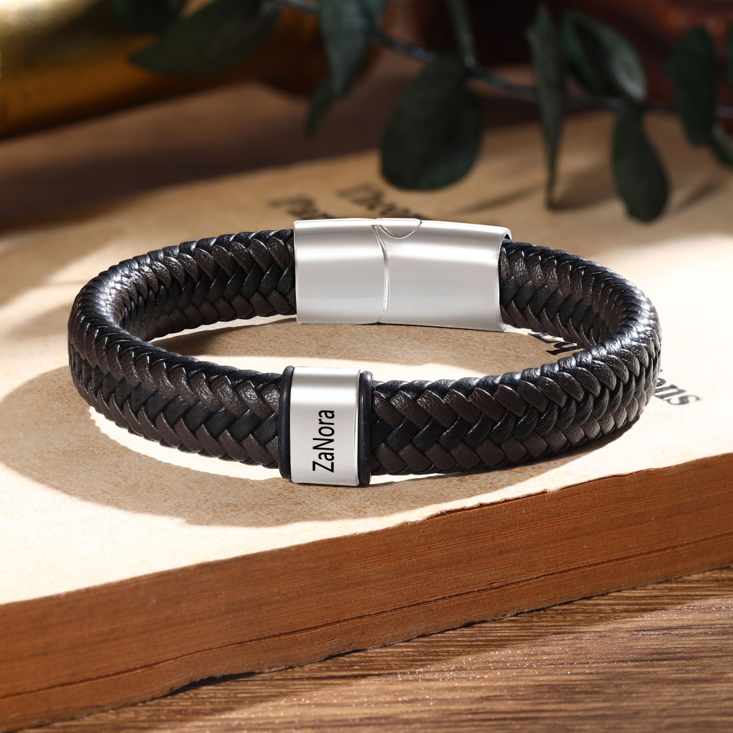 Herren Personalisierte 1-5 Namen Schwarz & Braun Geflochtenes Leder Armband