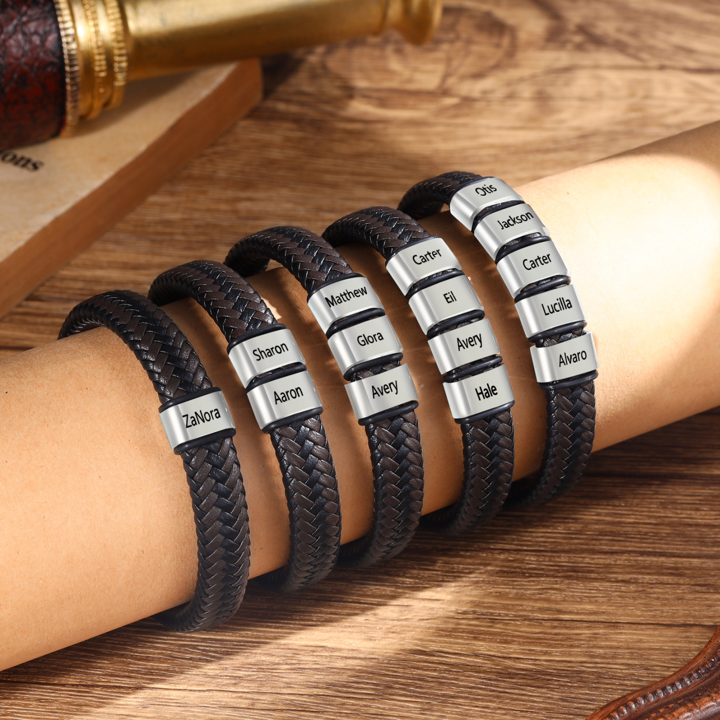 Herren Personalisierte 1-5 Namen Schwarz & Braun Geflochtenes Leder Armband