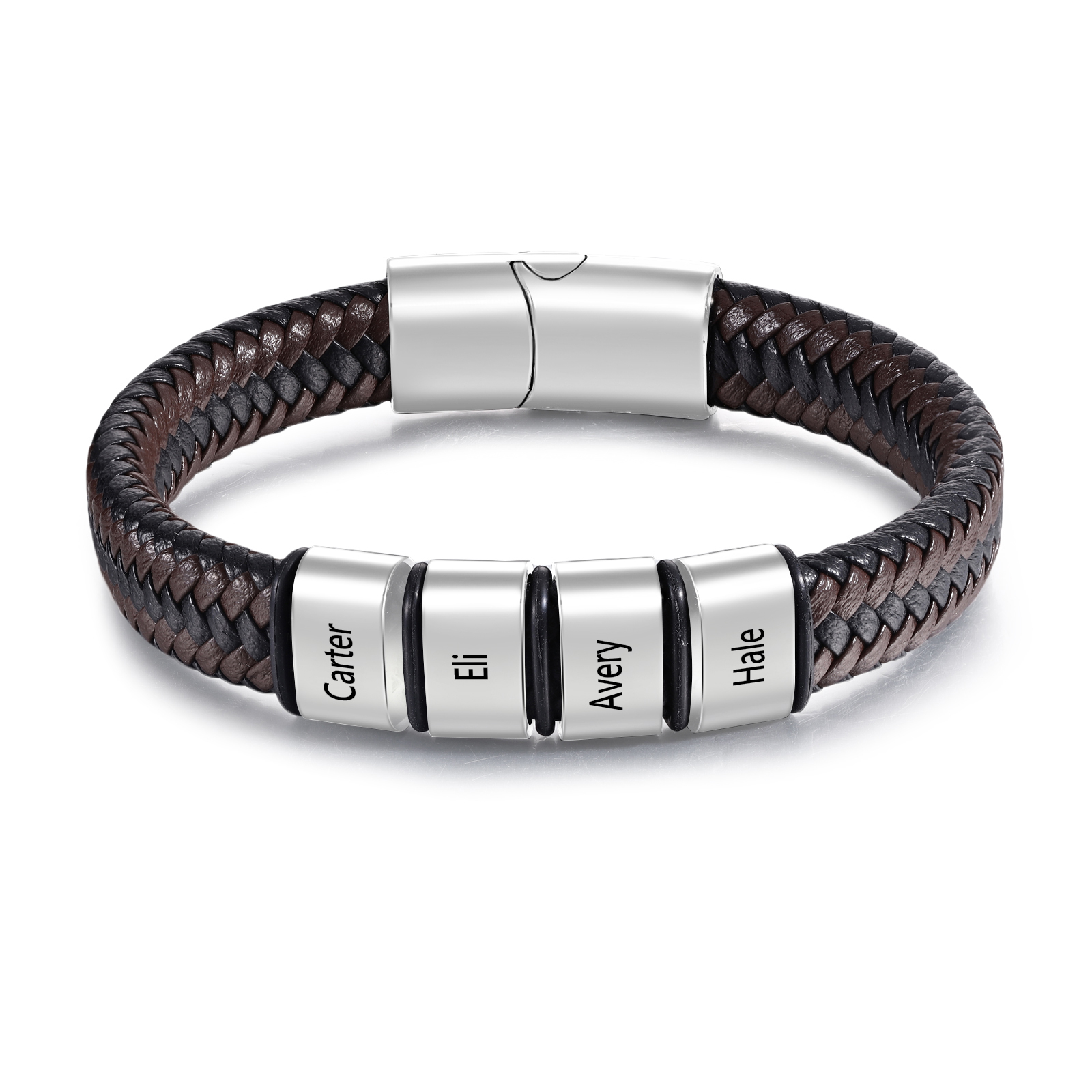 Herren Personalisierte 1-5 Namen Schwarz & Braun Geflochtenes Leder Armband