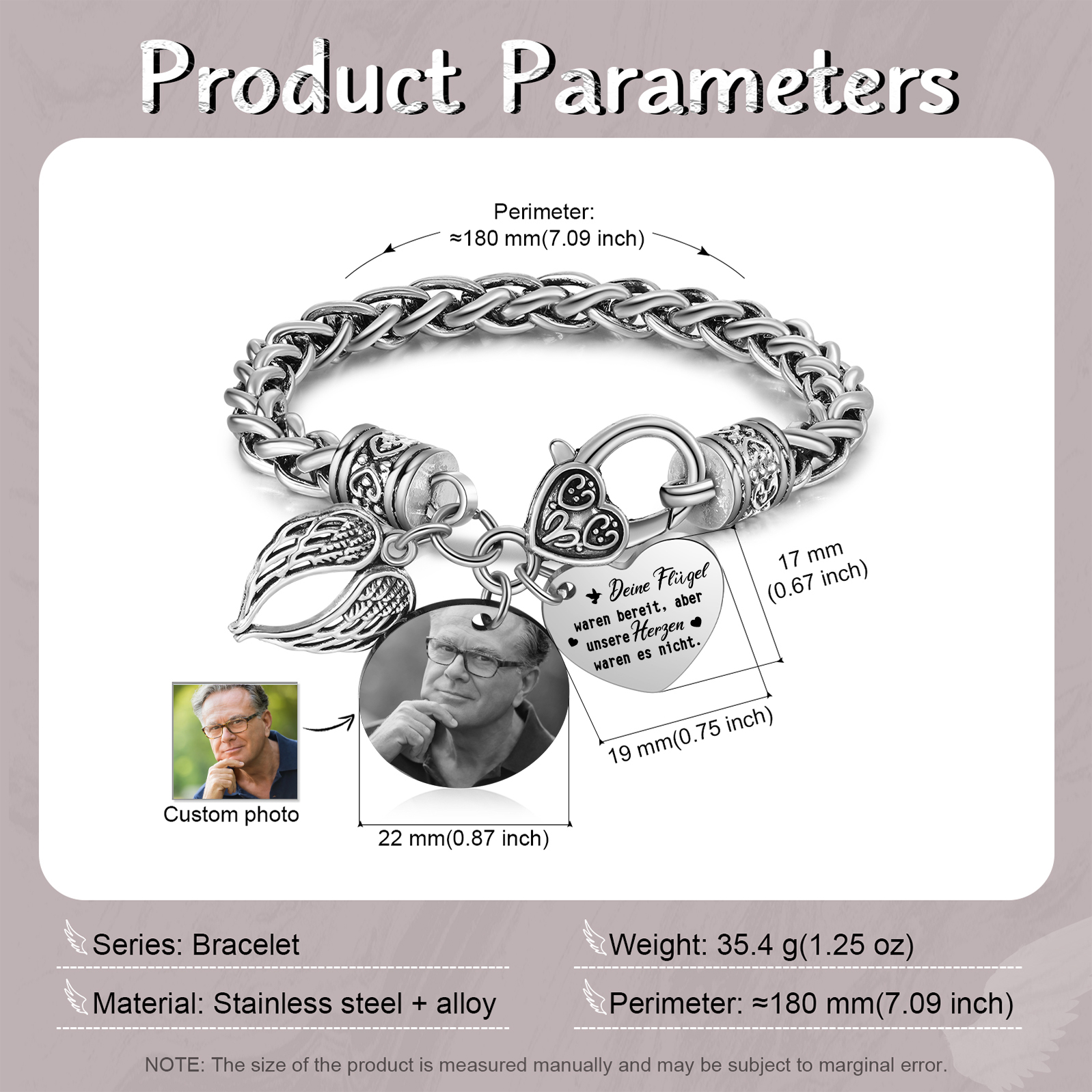 Personalisiertes 1 Foto Edelstahl Armband mit Engelsflügel-Anhänger – Deine Flügel waren bereit, aber unser Herz war es nicht – Gedenkarmband