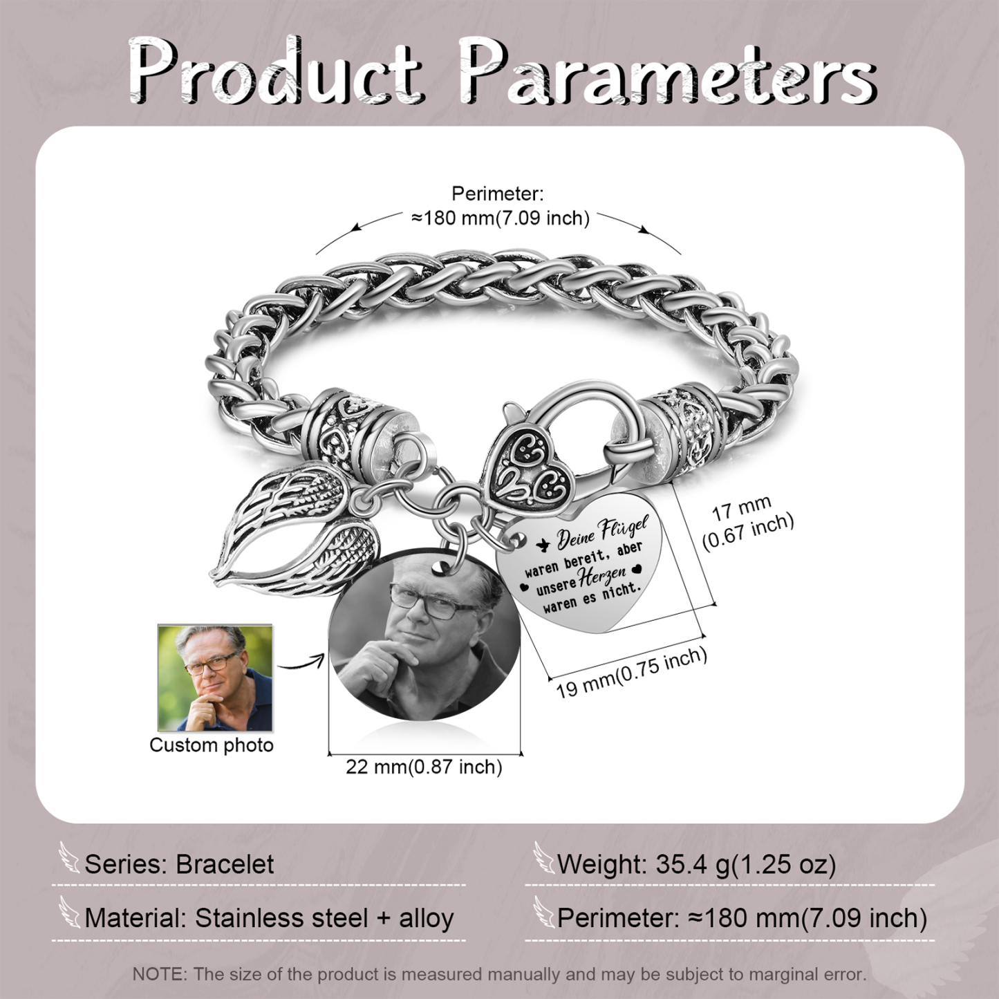 Personalisiertes 1 Foto Edelstahl Armband mit Engelsflügel-Anhänger – Deine Flügel waren bereit, aber unser Herz war es nicht – Gedenkarmband