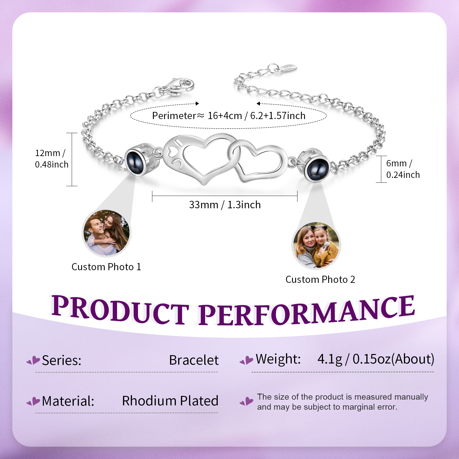 Personalisierte 2 Fotos Silbernes Doppelherz Projektion Armband