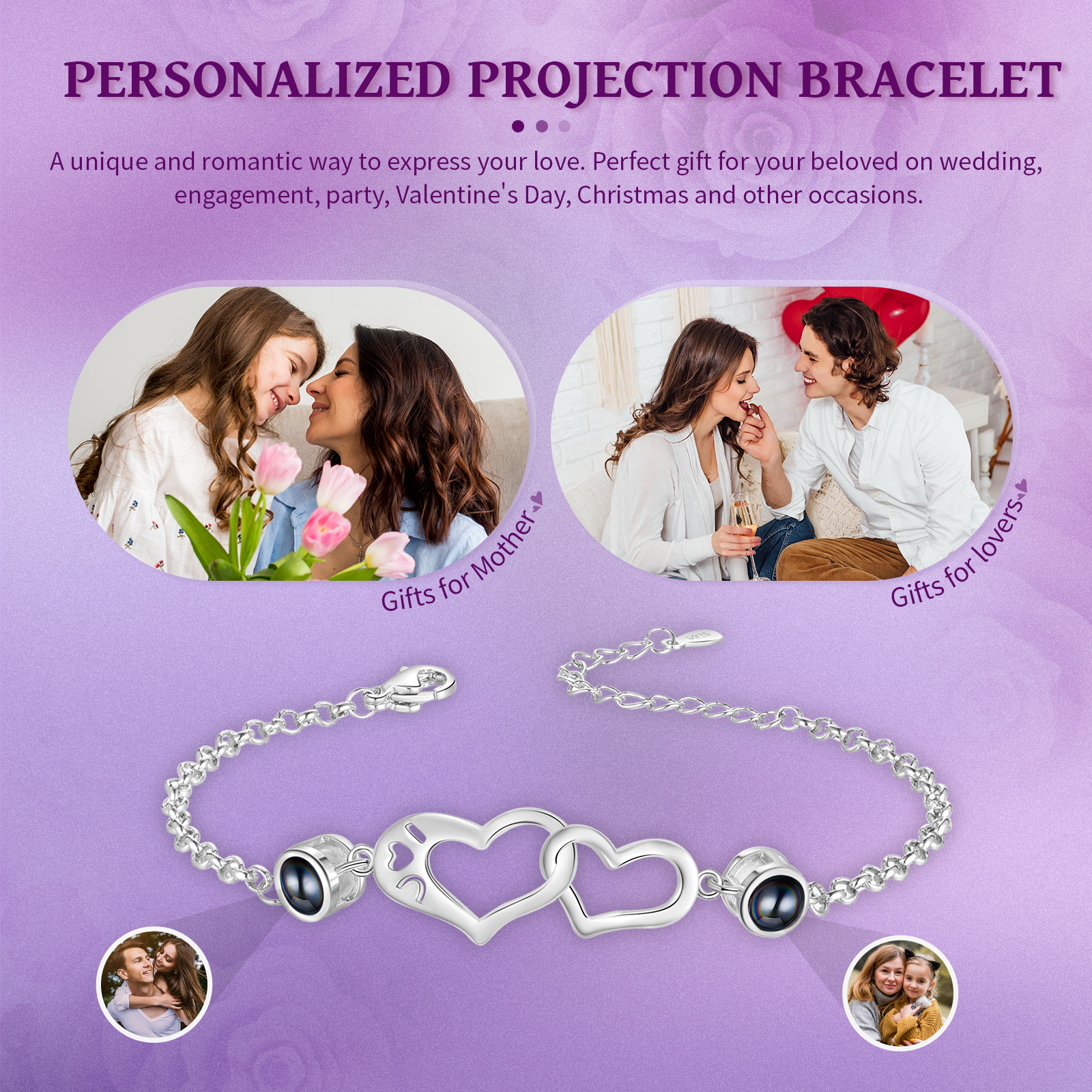 Personalisierte 2 Fotos Silbernes Doppelherz Projektion Armband