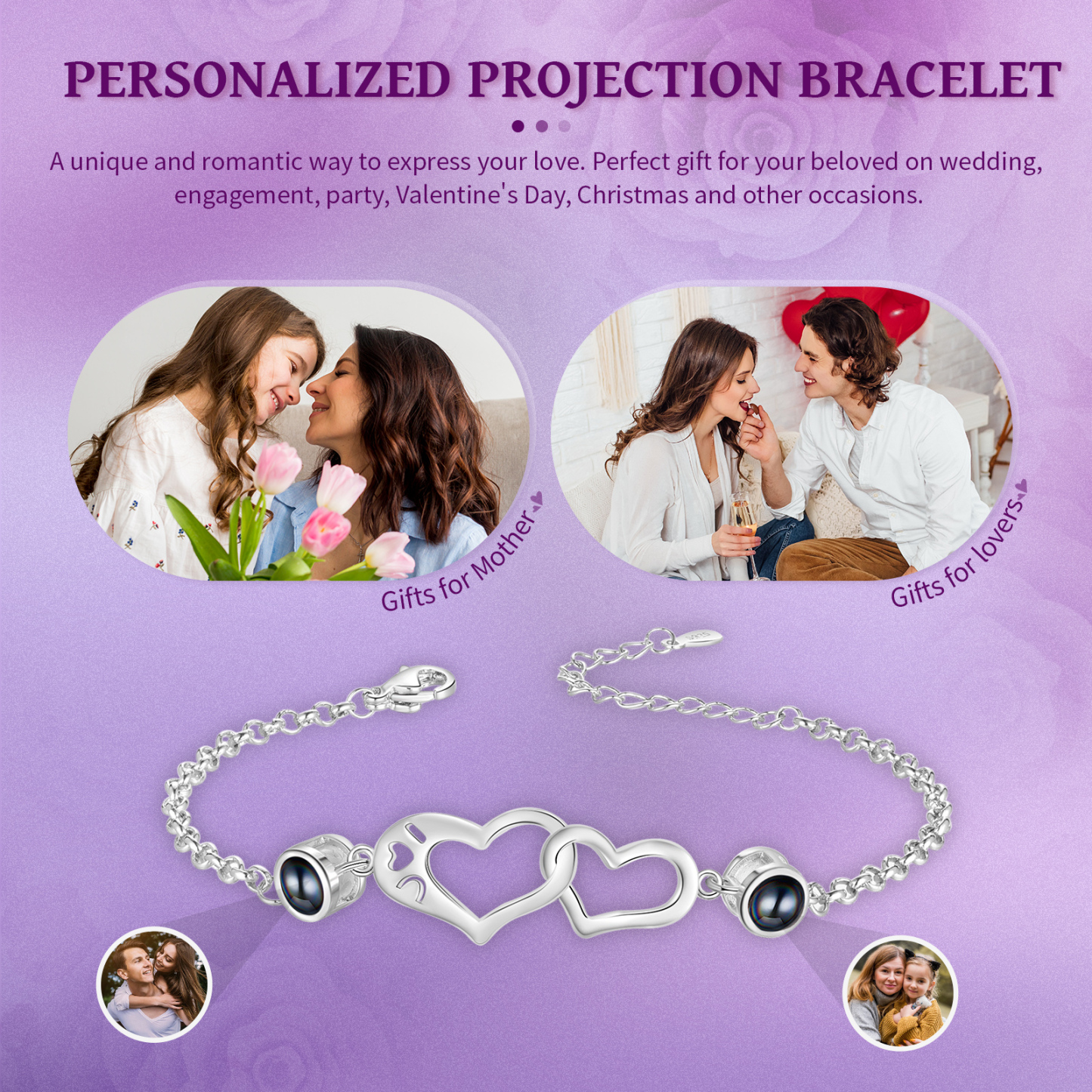 Personalisierte 2 Fotos Silbernes Doppelherz Projektion Armband