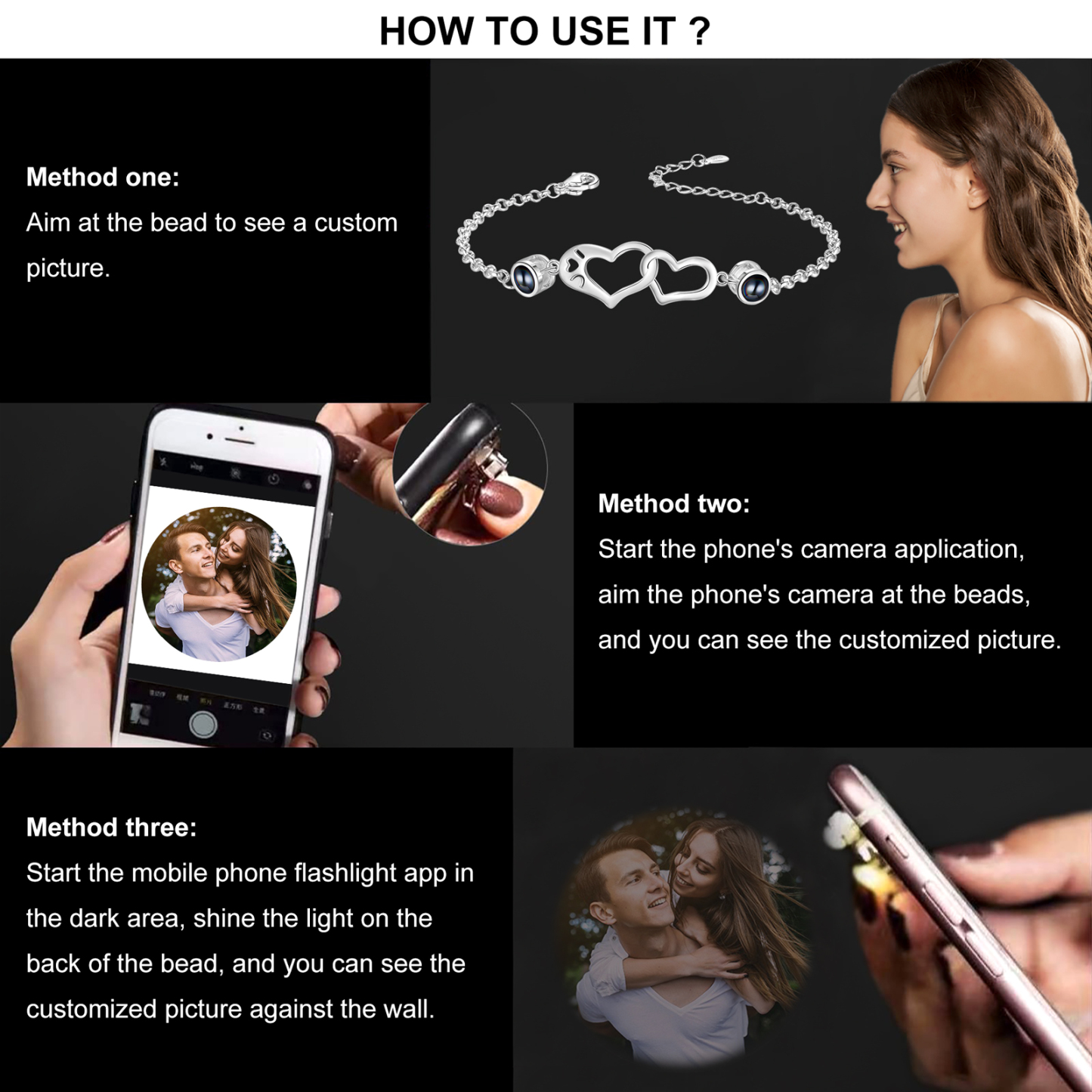 Personalisierte 2 Fotos Silbernes Doppelherz Projektion Armband