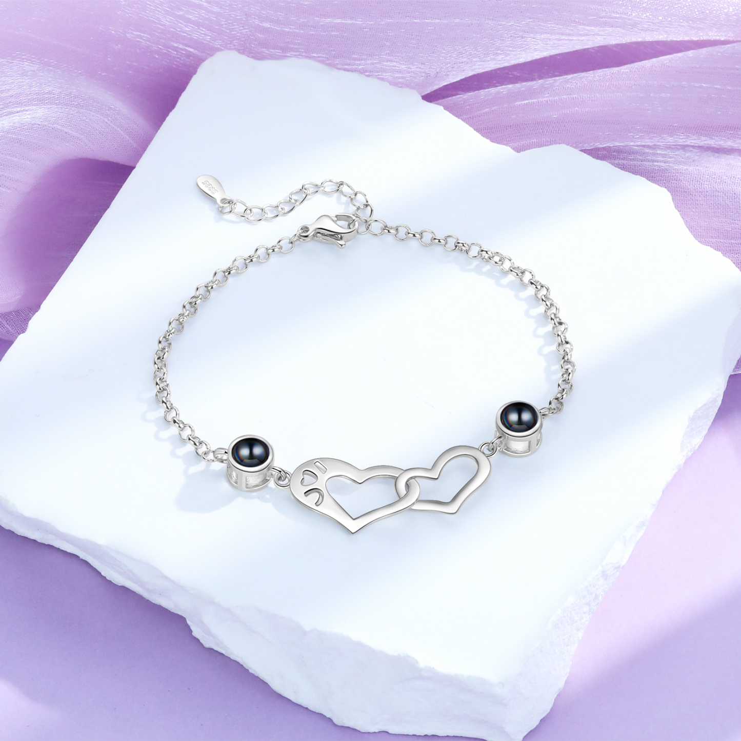 Personalisierte 2 Fotos Silbernes Doppelherz Projektion Armband