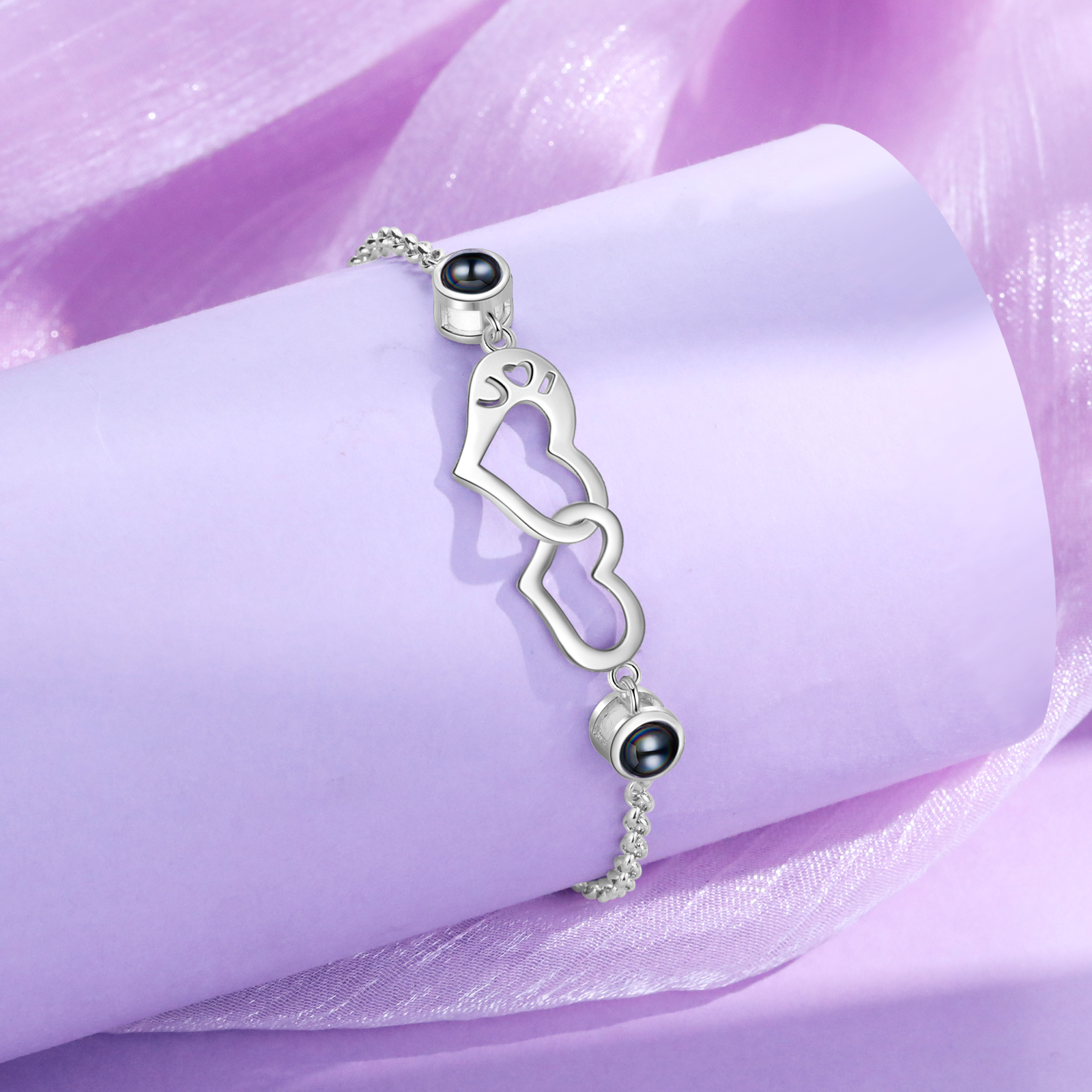 Personalisierte 2 Fotos Silbernes Doppelherz Projektion Armband