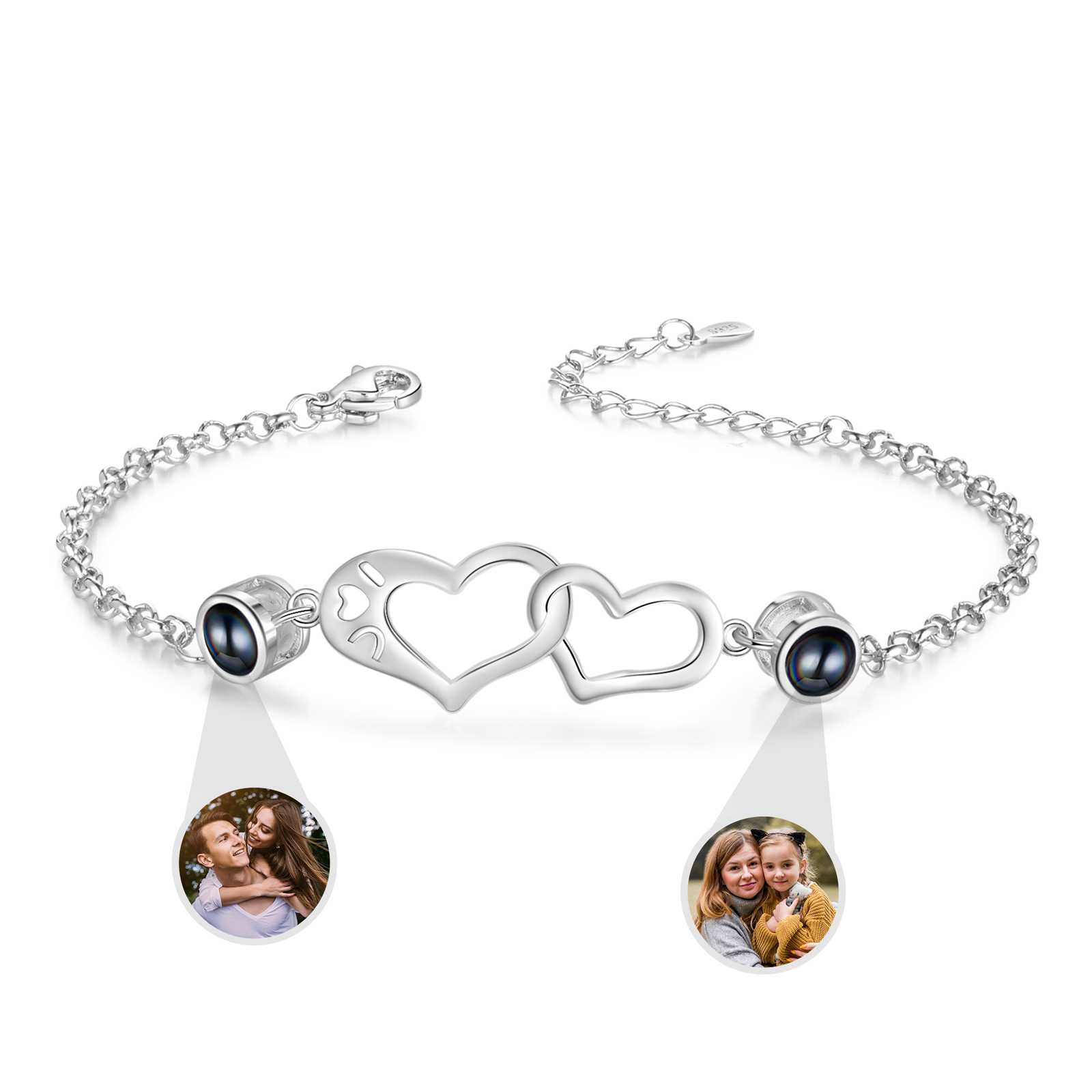 Personalisierte 2 Fotos Silbernes Doppelherz Projektion Armband