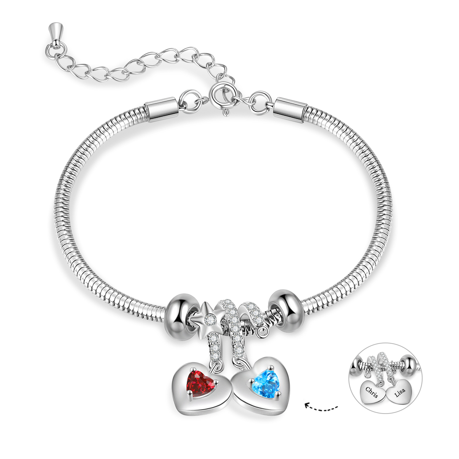 Personalisiertes Schlangen-Armband mit Herzanhänger, 2–6 Namen und Geburtssteinen – Bedeutungsvolles Geschenk für Mama oder Freundin