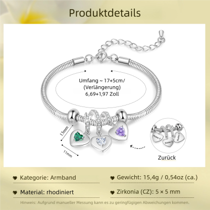 Personalisiertes Schlangen-Armband mit Herzanhänger, 2–6 Namen und Geburtssteinen