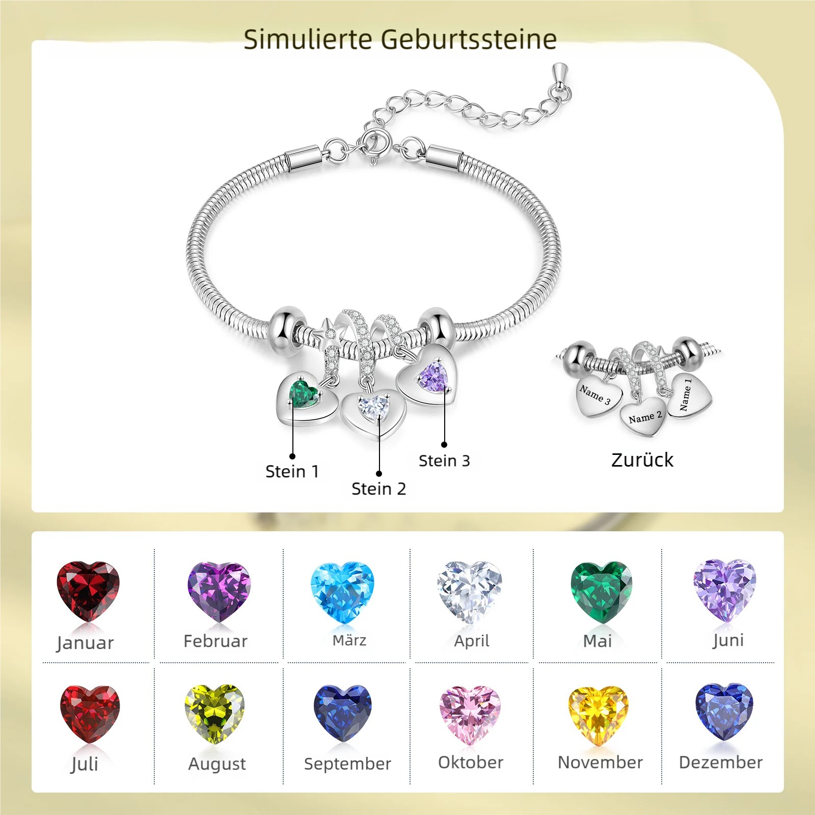 Personalisiertes Schlangen-Armband mit Herzanhänger, 2–6 Namen und Geburtssteinen