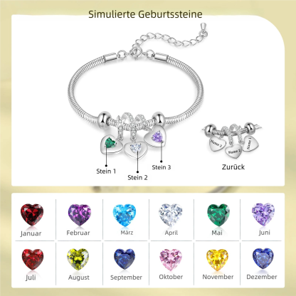 Personalisiertes Schlangen-Armband mit Herzanhänger, 2–6 Namen und Geburtssteinen