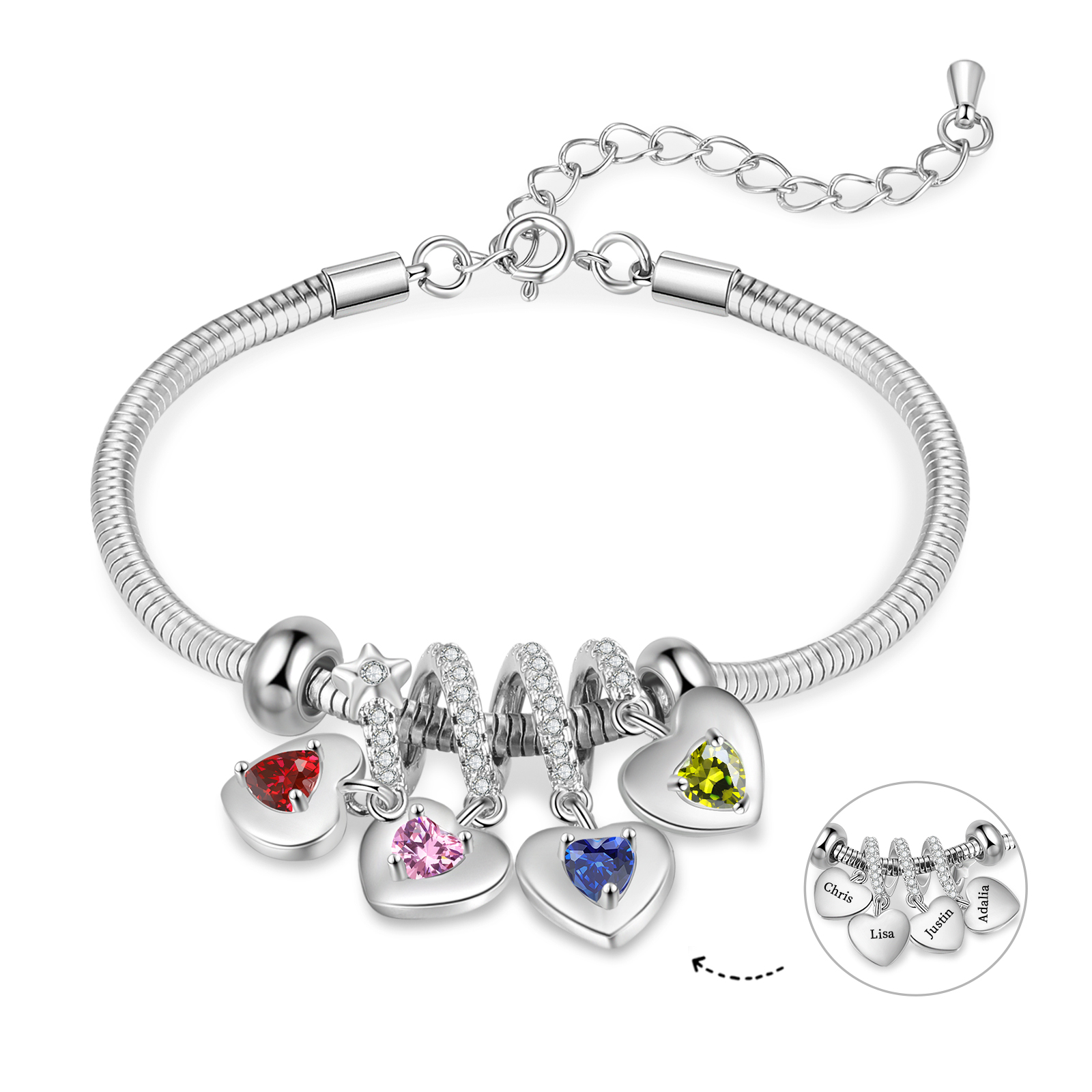 Personalisierte Armband mit 4 Geburtssteinen und 4 Namen - Ein Symbol von Liebe & Verbundenheit