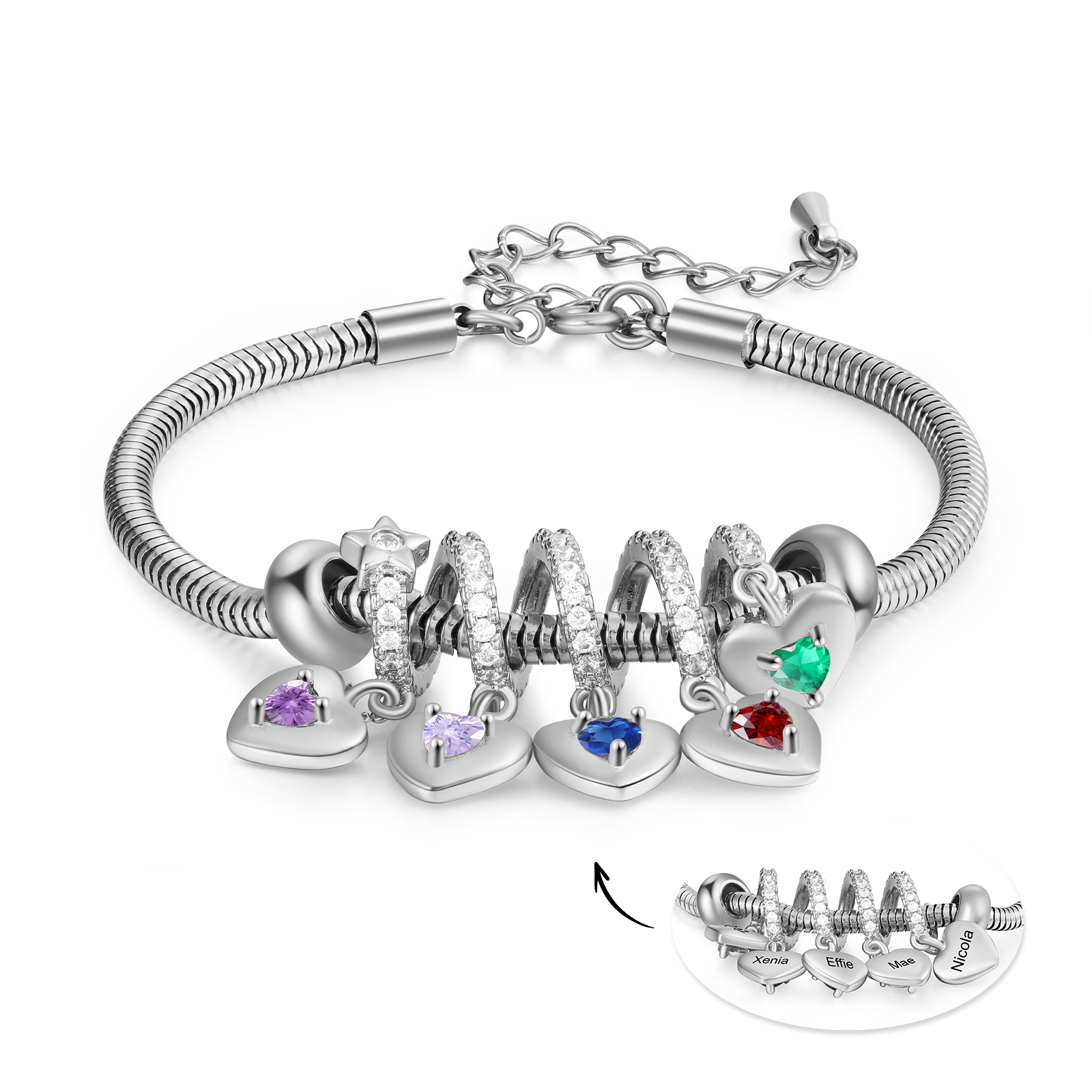 Personalisiertes Schlangen-Armband mit Herzanhänger, 2–6 Namen und Geburtssteinen