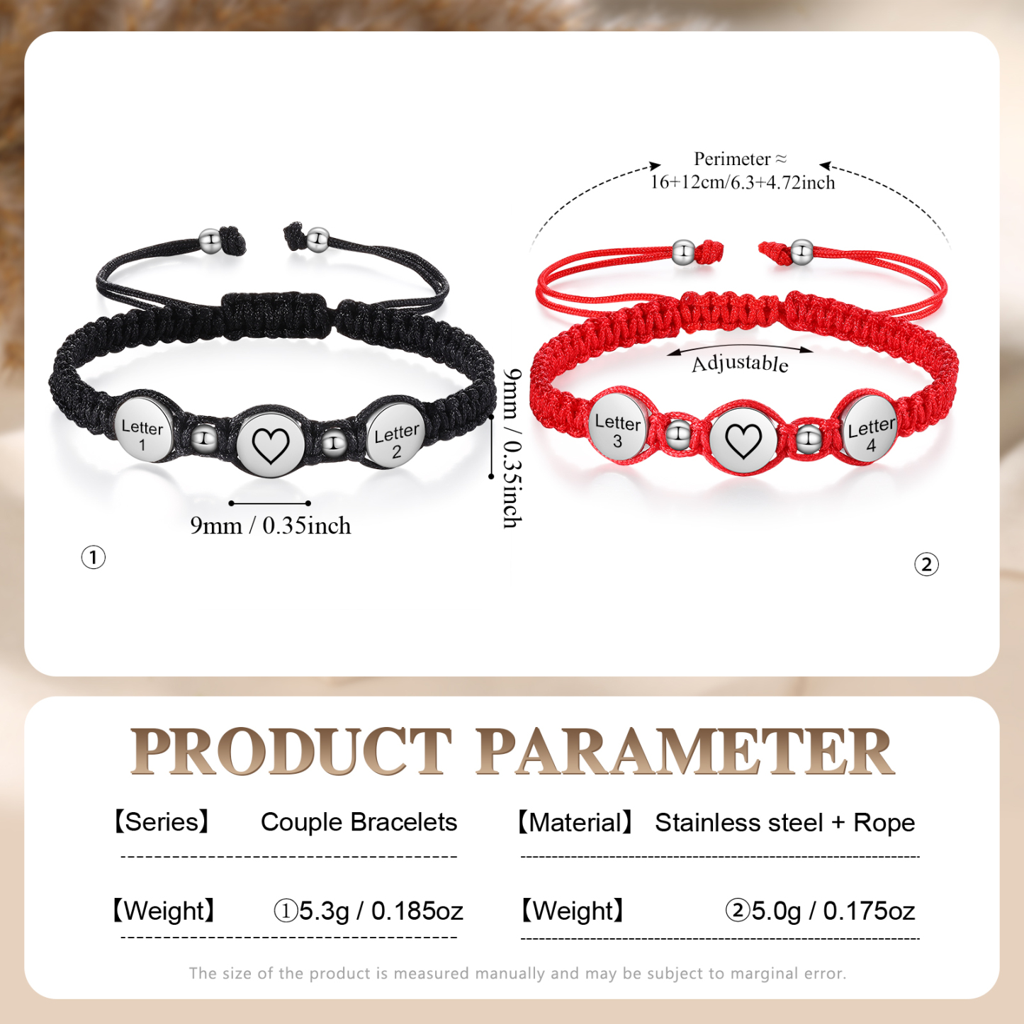 Personalisierte 4 Buchstaben Geflochtenes mit Edelstahl Perle Paar-Armband Set für Paar