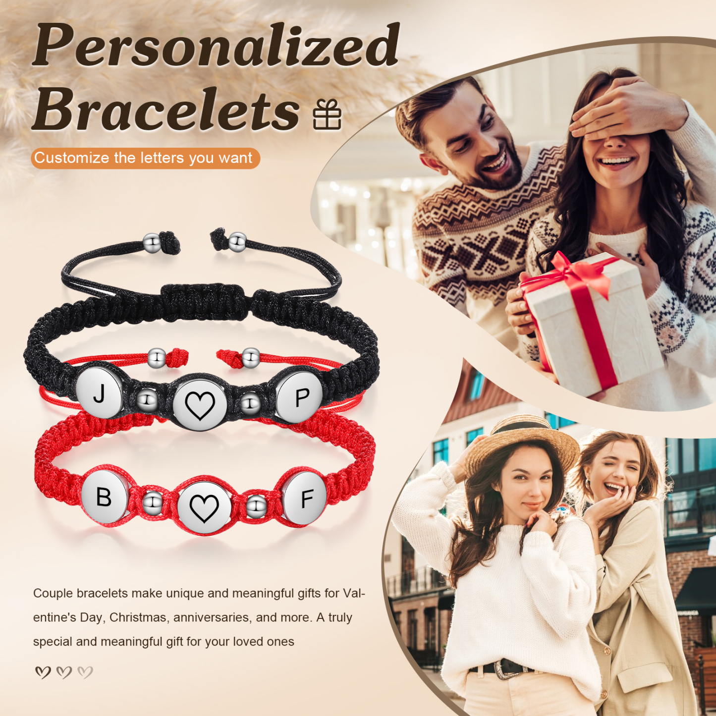 Personalisierte 4 Buchstaben Geflochtenes mit Edelstahl Perle Paar-Armband Set für Paar