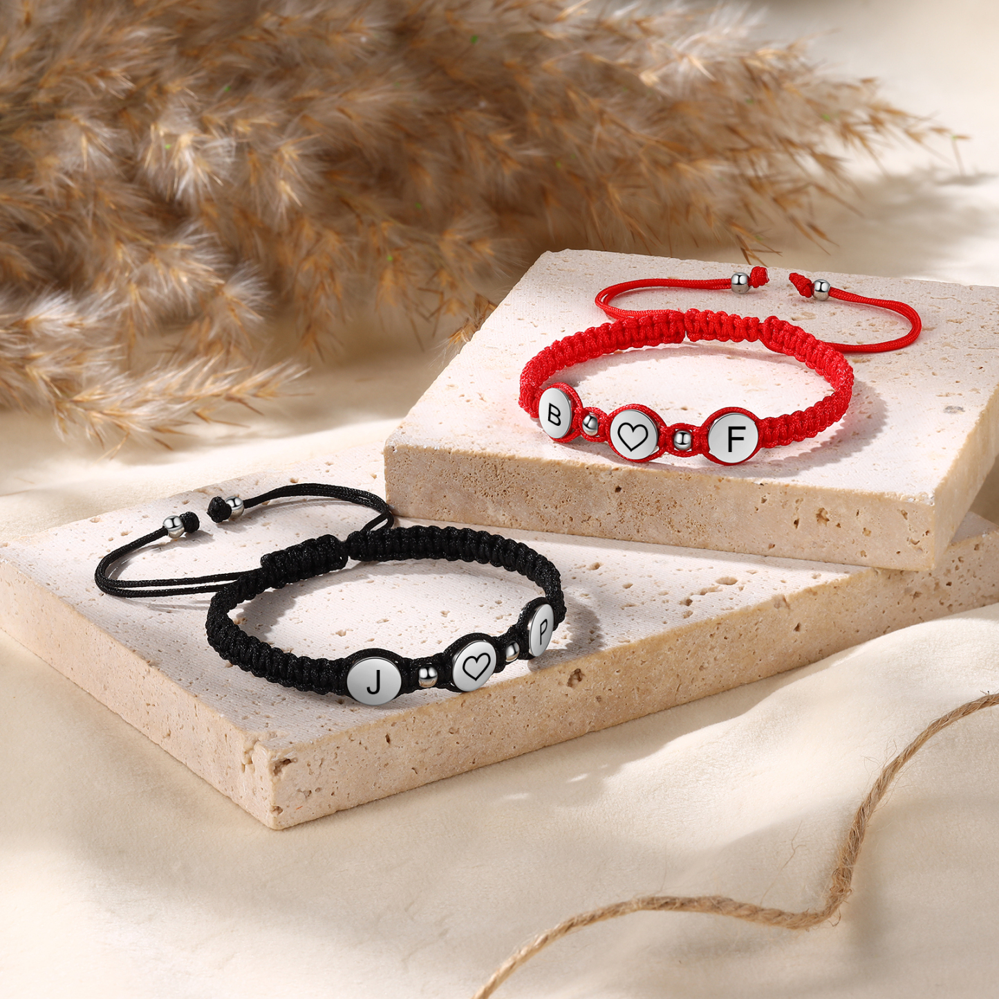Personalisierte 4 Buchstaben Geflochtenes mit Edelstahl Perle Paar-Armband Set für Paar