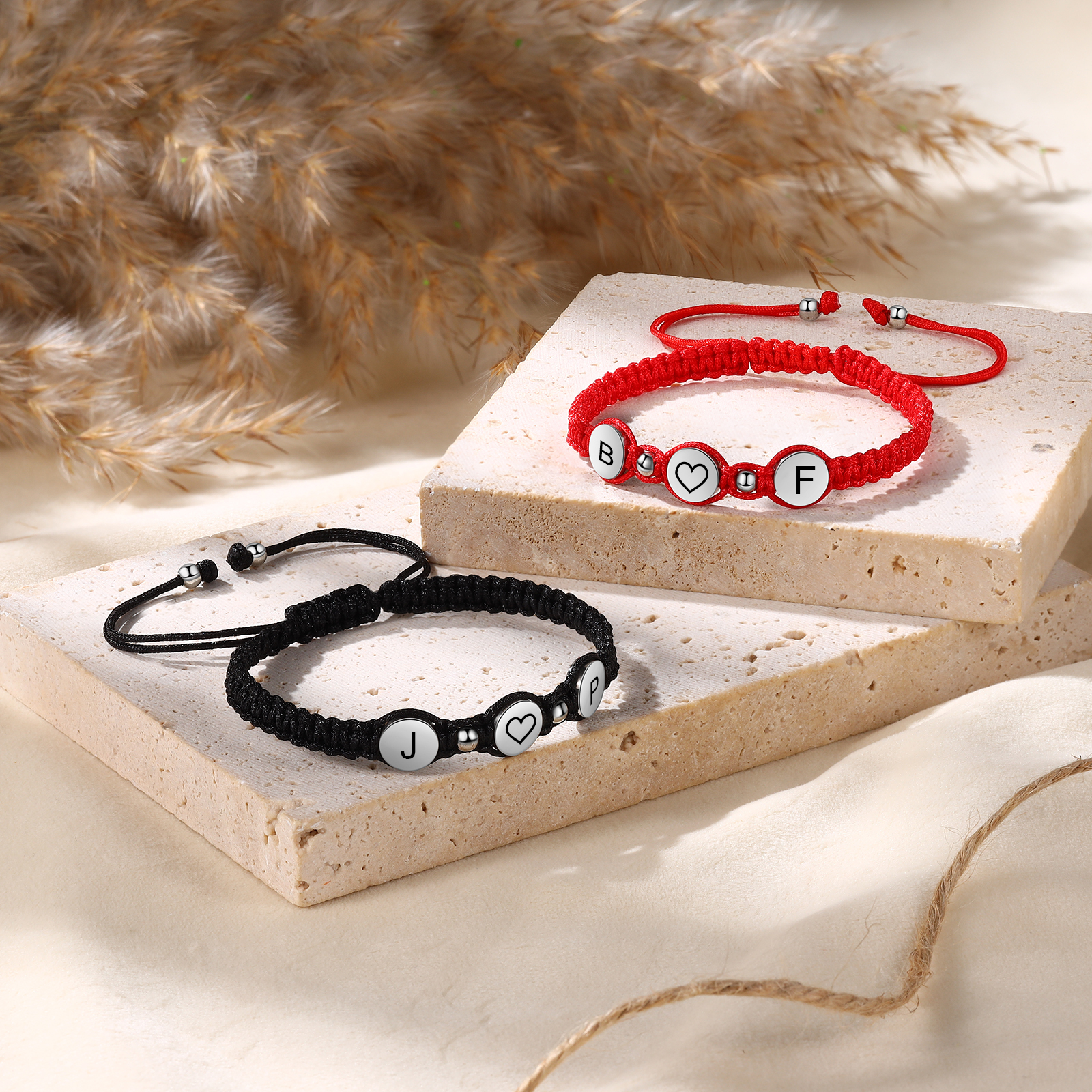 Personalisierte 4 Buchstaben Geflochtenes mit Edelstahl Perle Paar-Armband Set für Paar