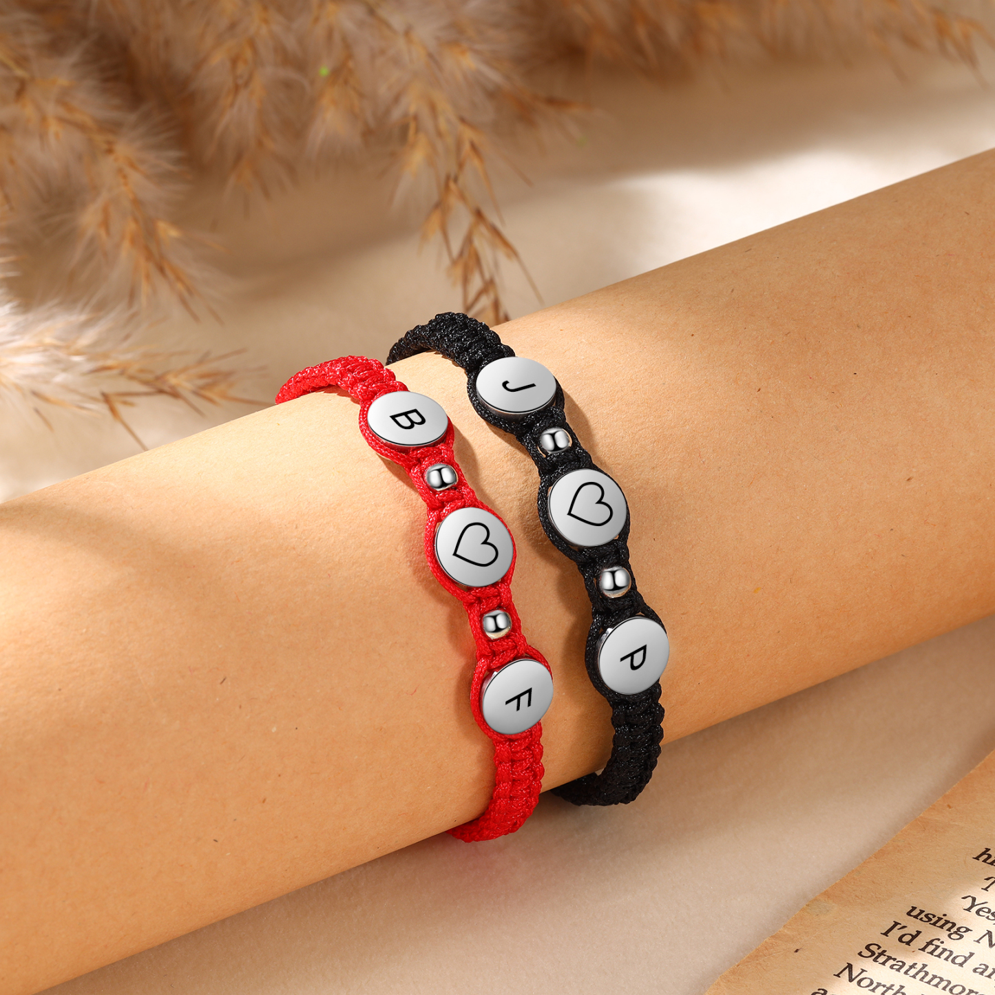 Personalisierte 4 Buchstaben Geflochtenes mit Edelstahl Perle Paar-Armband Set für Paar
