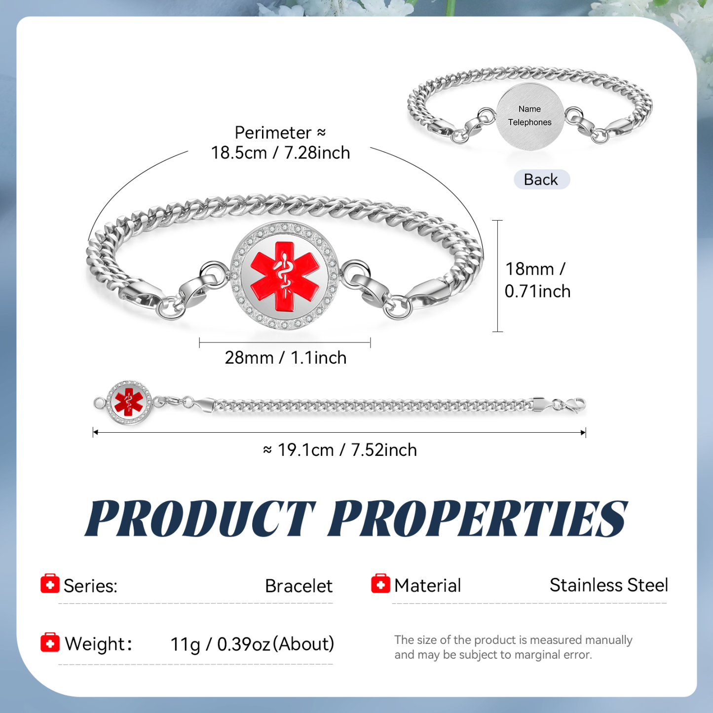 Personalisierter 1 Name & 1 Telefonnummer Edelstahl Notfall-Medizin-Armband