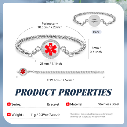 Personalisierter 1 Name & 1 Telefonnummer Edelstahl Notfall-Medizin-Armband