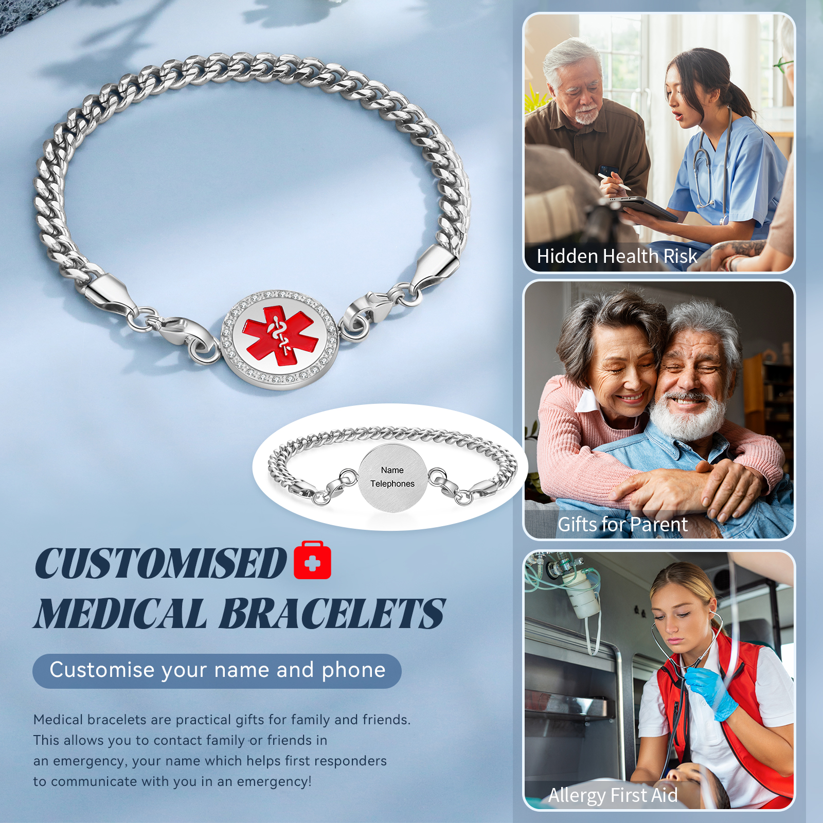 Personalisierter 1 Name & 1 Telefonnummer Edelstahl Notfall-Medizin-Armband