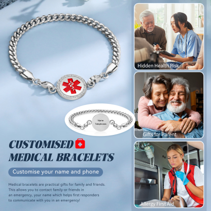 Personalisierter 1 Name & 1 Telefonnummer Edelstahl Notfall-Medizin-Armband