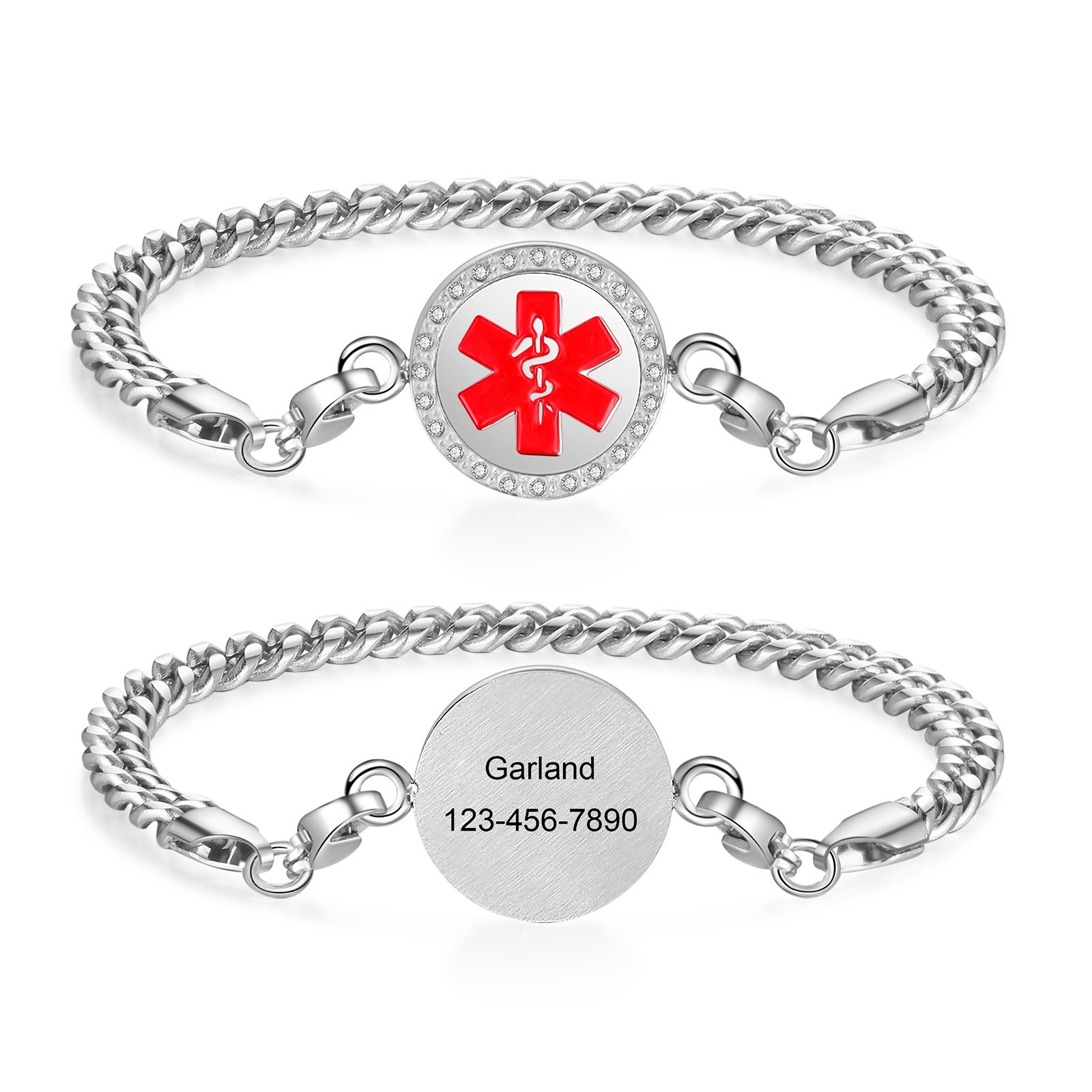 Personalisierter 1 Name & 1 Telefonnummer Edelstahl Notfall-Medizin-Armband