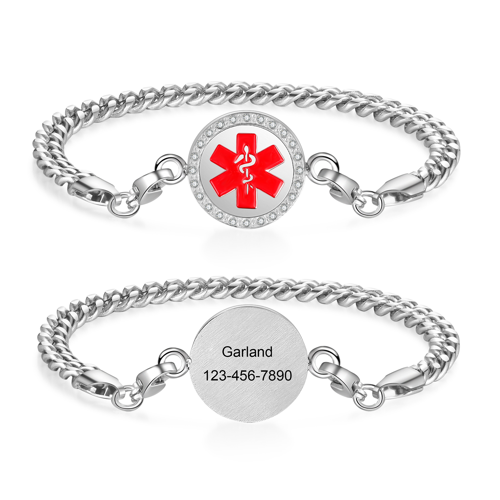 Personalisierter 1 Name & 1 Telefonnummer Edelstahl Notfall-Medizin-Armband