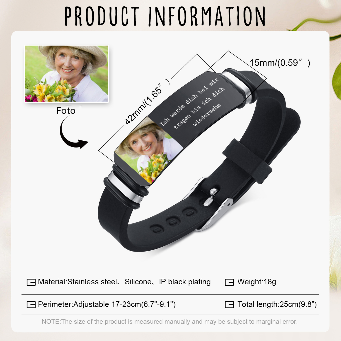 Herren Personalisiertes 1 Foto Edelstahl Armband -Ich werde dich bei mir tragen bis ich dich wiedersehe- Gedenk-Armband