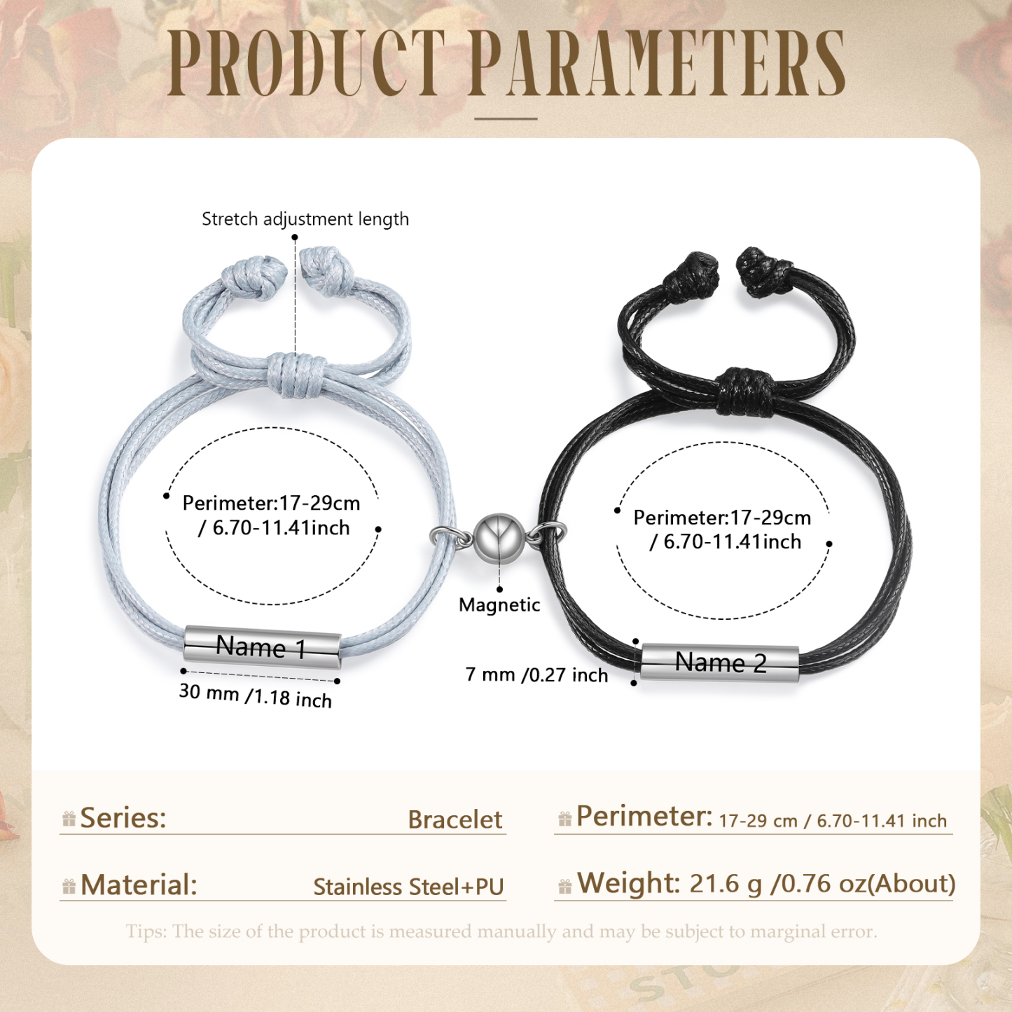 Personalisierte 2 Namen Magnetisches Partner Armband Armbänder Set aus Edelstahl und PU Leder Geschenk für Paare