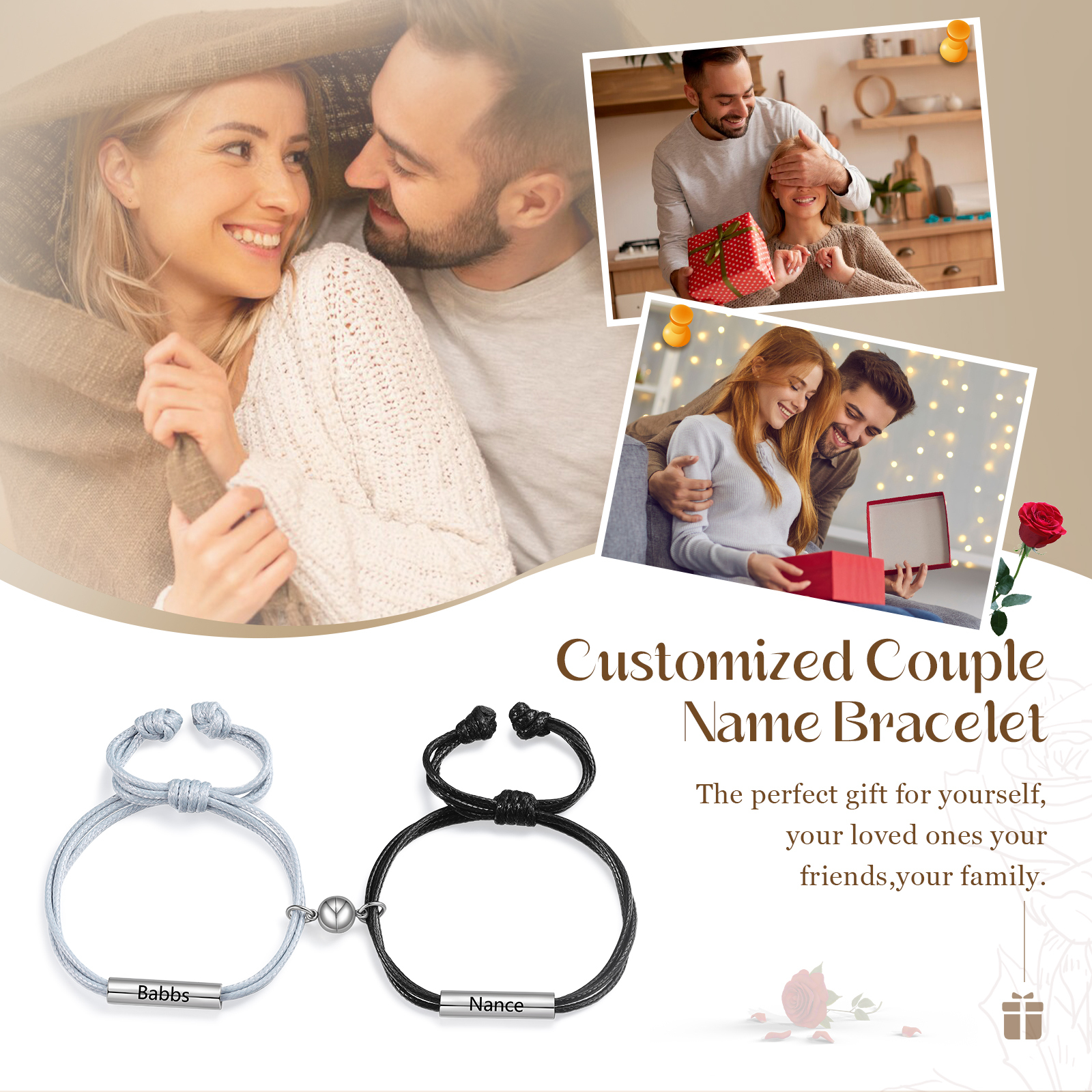 Personalisierte 2 Namen Magnetisches Partner Armband Armbänder Set aus Edelstahl und PU Leder Geschenk für Paare